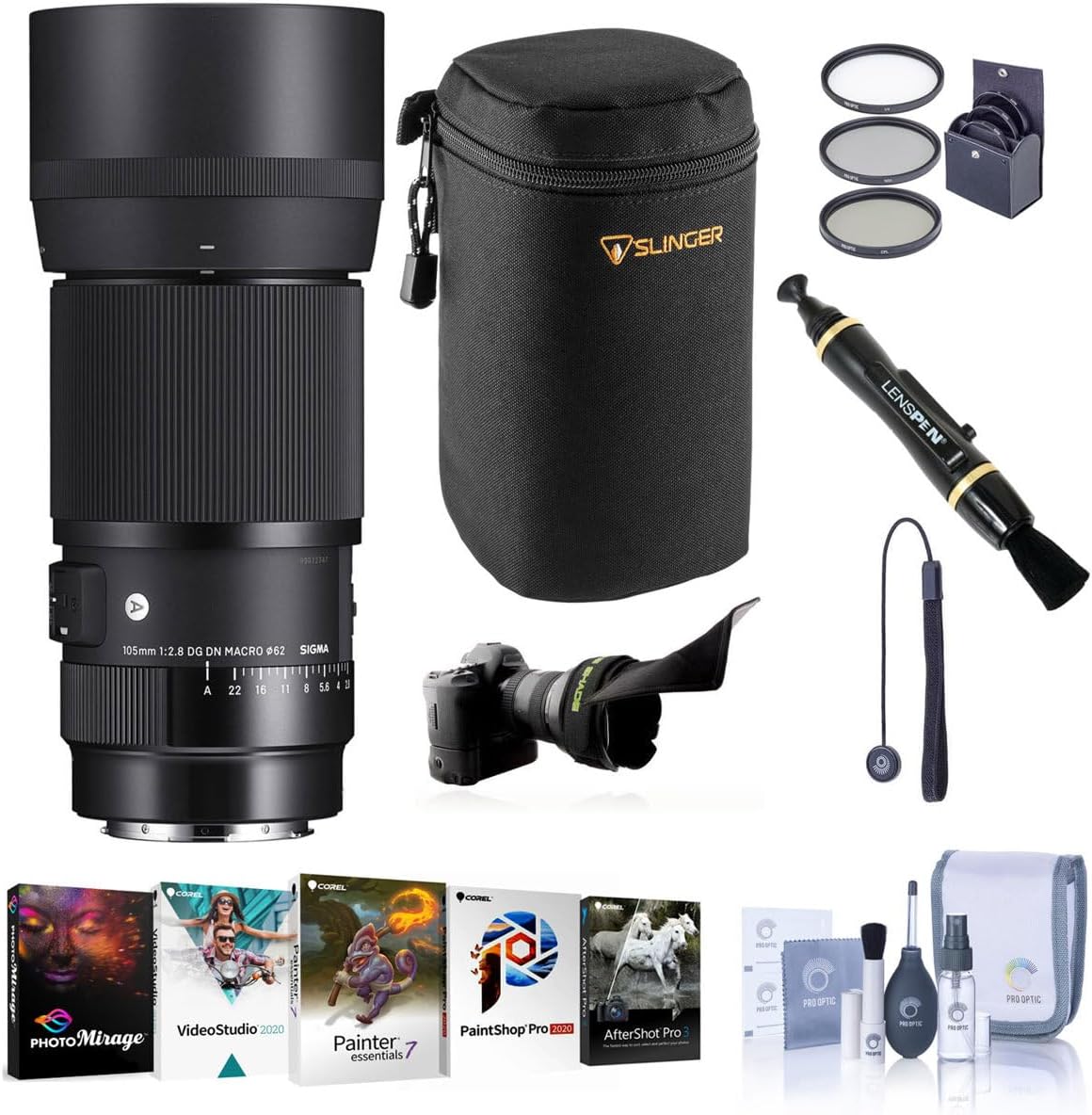 Sigma 105mm f/2.8 DG DN Art Macro Lens for L Mount, Bundle with ProOptic 62mm Filter Kit, PC Software Suite, Flex Lens Shade, Pouch, Cleaning Kit, Lens Cap Tether, Lens Cleaner