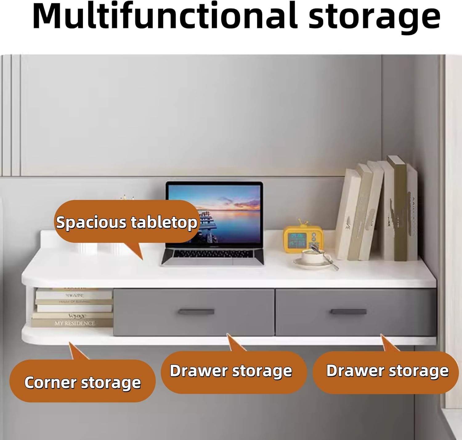 Floating Wall Mount Computer Desk, Wooden Floating Shelf with Drawer, Modern Vanity Desk for Bedroom, Living Room, Office(Gray,23.6x15.7x9.8in)