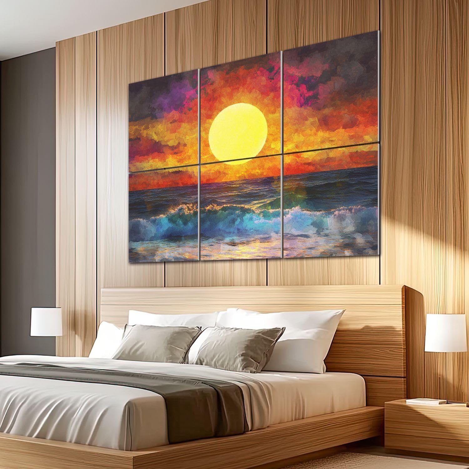 6 Pack Art Acoustic Panels Sound Absorbing Colorful Abstract Geometric Sunset Sea Pictures Bright Ocean Waves Sky Decorative Soundproof Wall Panels Self Adhesive for Recording Studios Office 72