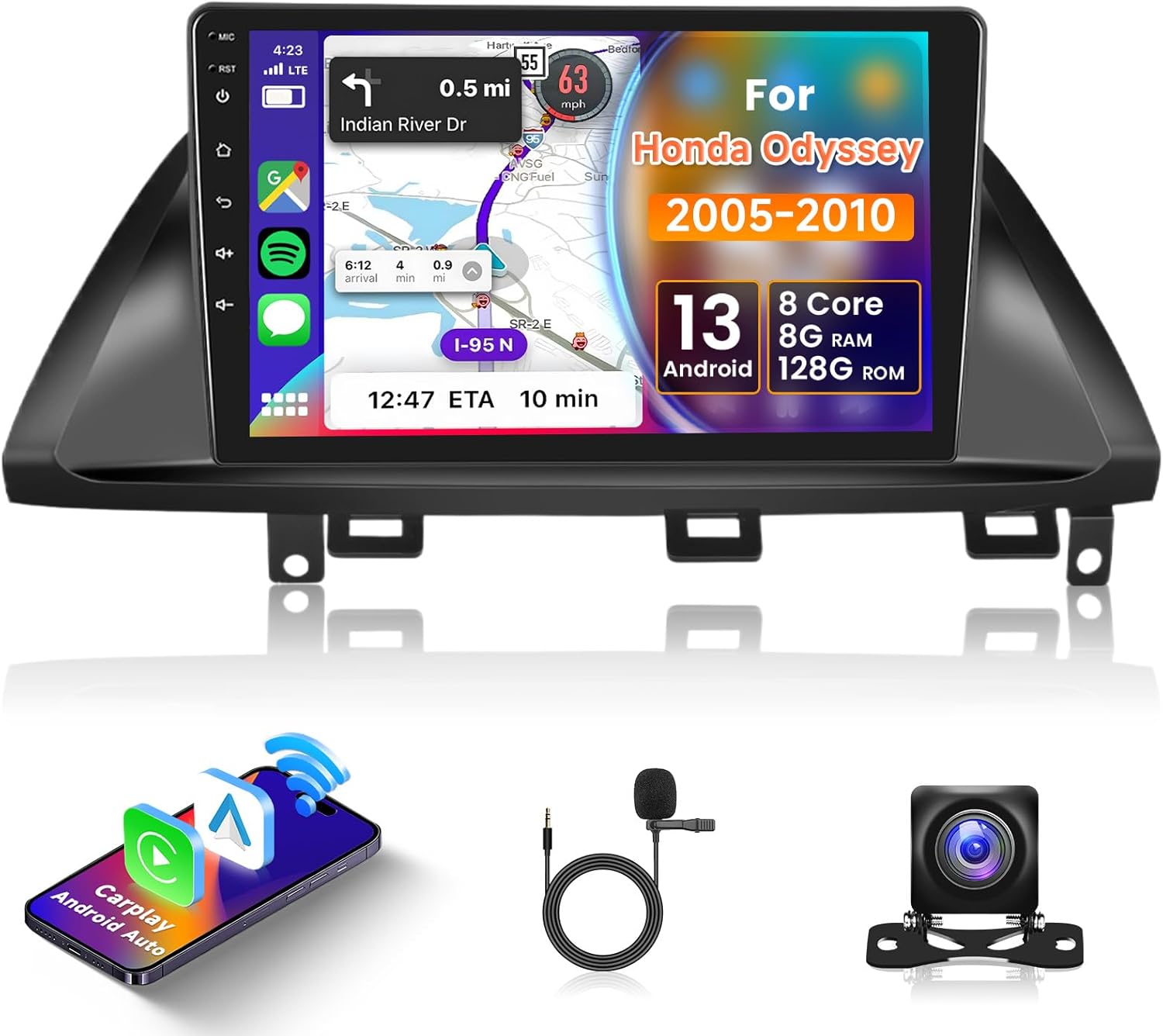 8 Core 8+128G for Honda Odyssey 2005-2010 Android Car Radio with Wireless Carplay Android Auto, 10.1 Inch QLED Touch Screen Car Stereo Supports 4G/ WiFi, GPS, FM/AM, Bluetooth 5.0, Backup Camera