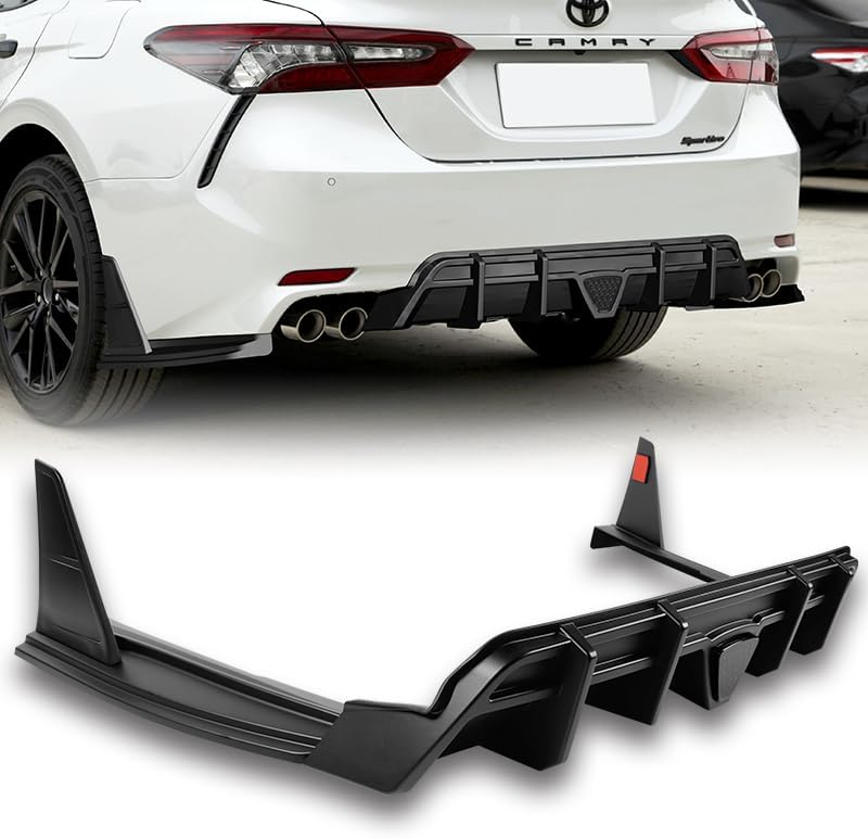 3PC Flexible PU, Rear Bumper Lip Spoiler w/LED Lamp, Add-On Underbody Diffuser, Compatible with 2018-2024 Toyota Camry SE XSE, Exterior Replacement Car Body Kit (Matte BK-Smoke LED)