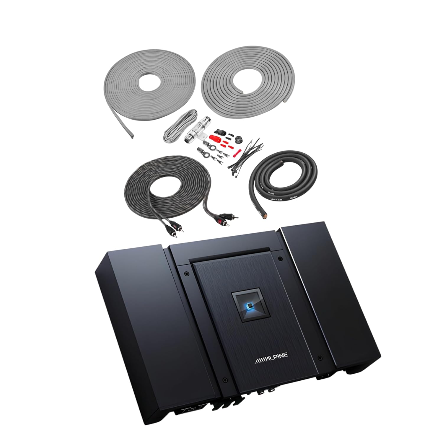 Alpine HDA-M80 800W RMS Monoblock Class D Amplifier + Belva BAK42BK 4 Gauge Wiring Kit – Hi-Res Status Series Sub Amp & Premium CCA Install Kit for Car Audio Systems Up to 1200W RMS
