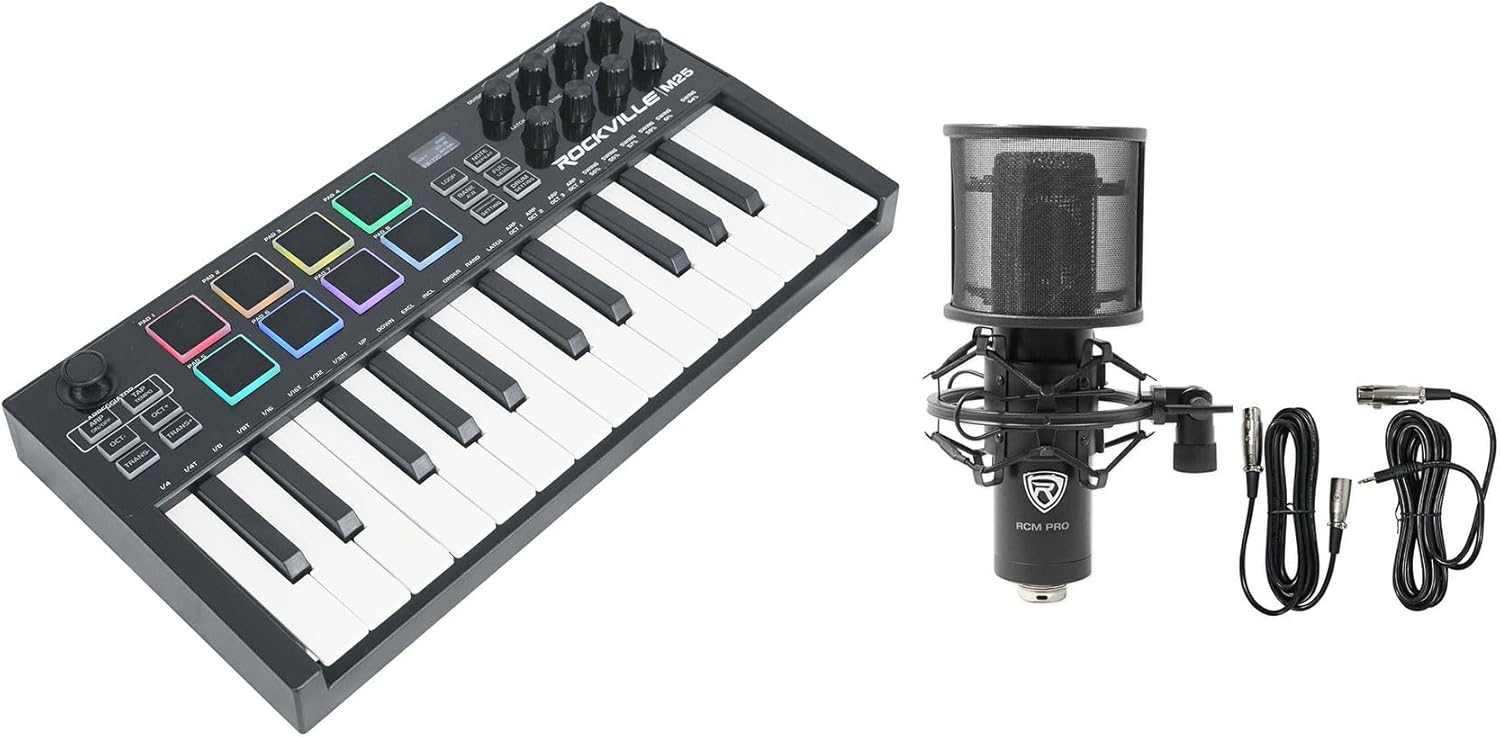 Rockville M25 Black 25 Key USB Wireless Bluetooth MIDI Keyboard Controller+Mic