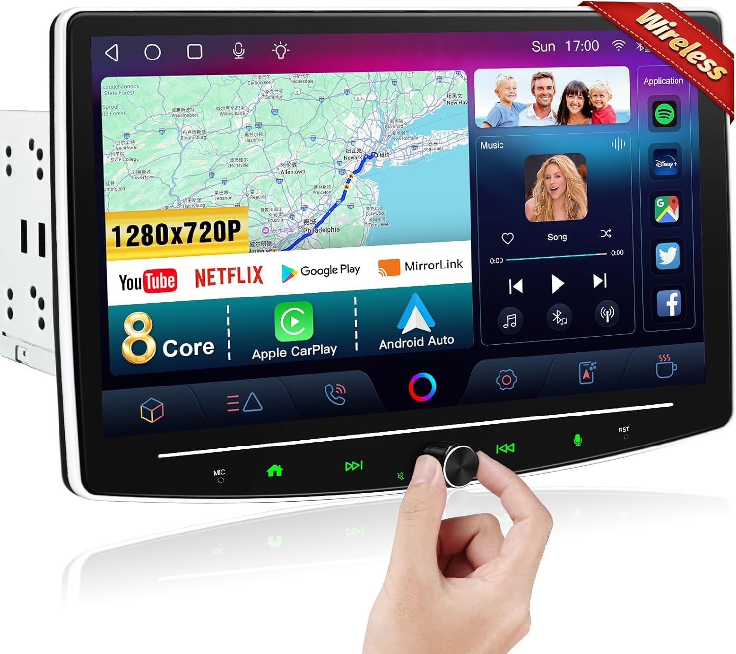 10 Inch Double Din Car Stereo Wireless Apple CarPlay Android Auto, 8Core 2G+32G QLED Touchscreen Radio with 4.1 Channel, Bluetooth, GPS Navigation, Netflix, YouTube, Voice Control