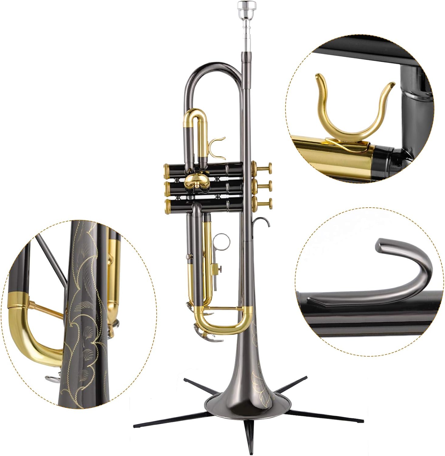 EASTROCK Bb Trumpet Standard Trumpet Set with Carrying Case,Gloves, 7C Mouthpiece, Cleaning Kit, Tuning Rod, Black Nickel,Hand Carved Craft