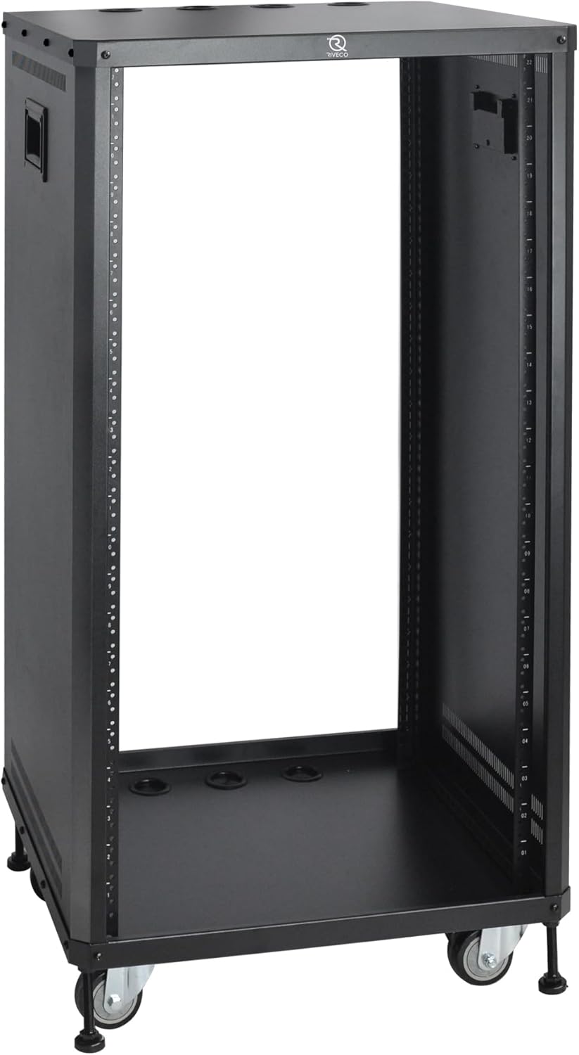 RIVECO 22U Stereo & Studio Rack with Caster Wheels, Rolling Network Cabinet, Open Frame Audio Rack for 19 inches Video Music Recording & IT Equipment, Obtuse Angel & 10-32 Screws 100 PCS