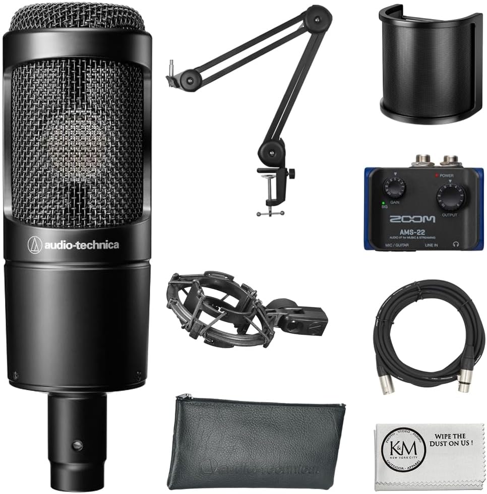 Audio-Technica AT2035 Cardioid Condenser Microphone Bundle with Audio Interface + Microphone Arm + Pop Filter + XLR Cable + Cleaning Cloth (6 Items)