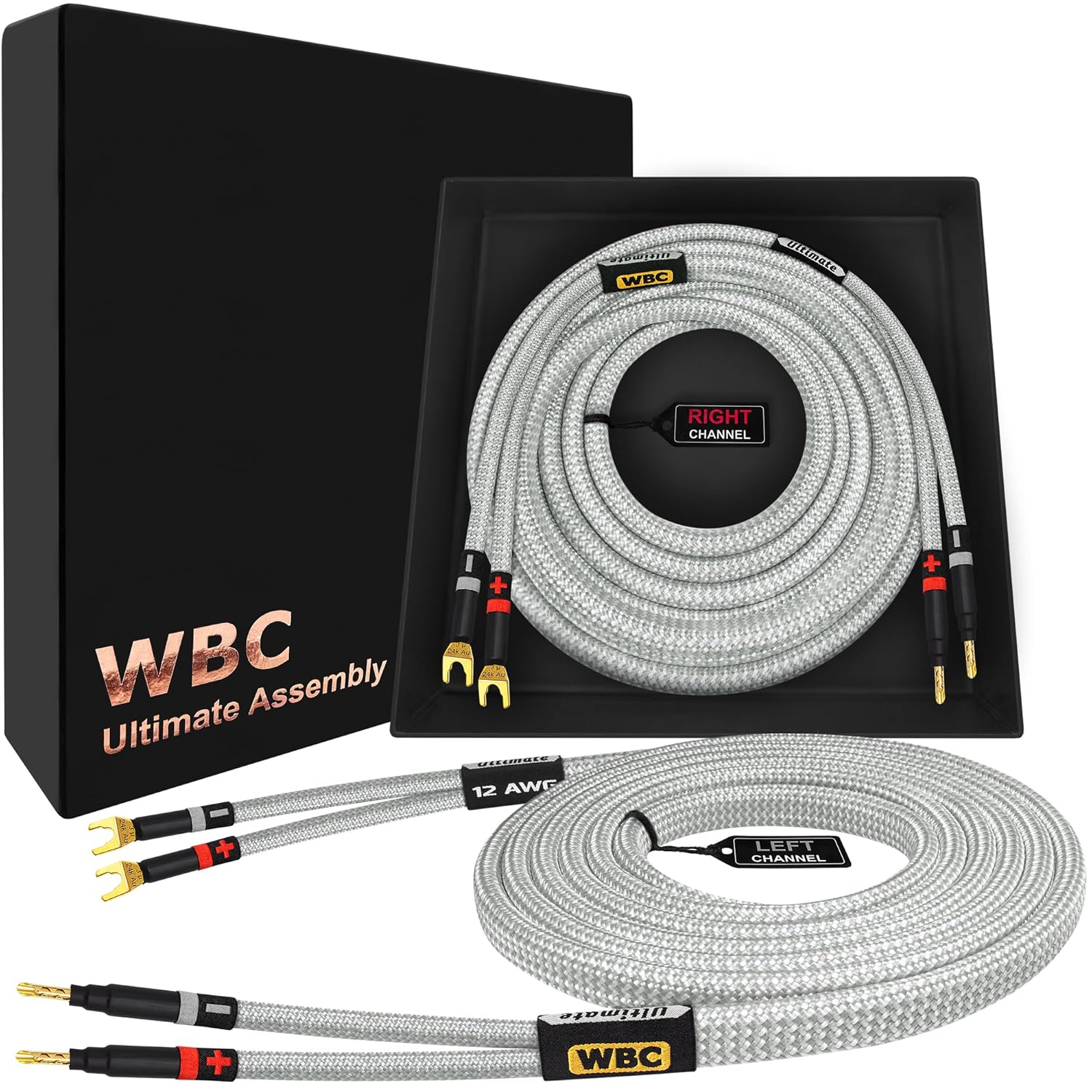 WORLDS BEST CABLES 8 Foot Ultimate - 12 AWG - Ultra-Pure OFC - Premium Audiophile HiFi Speaker Cable Pair with Eminence Gold Banana (x2) & Spade (x2) Plugs & Silver Tweed Jacket