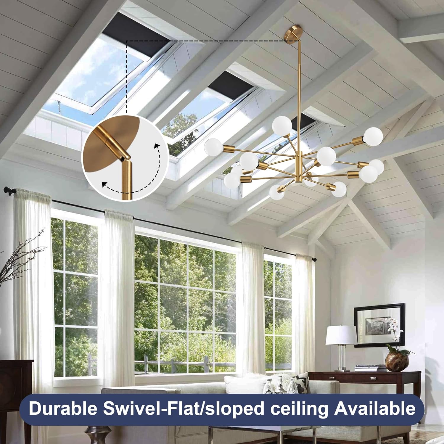 Modern Sputnik Chandeliers Light, 12-Light Gold Gold Dining Room Chandelier Over Table, Height Adjustable Industrial Semi Flush Mount Mid Century Chandelier for Kitchen Island Living Room