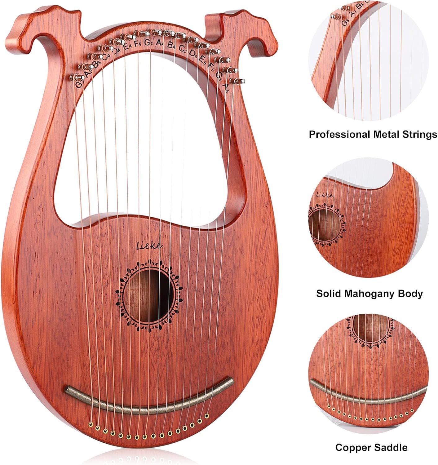 LIEKE Lyre Harp 16 Metal Strings,Mahogany Body and Copper Saddle,Mini Harp instrument Gift with Bag Tuning Wrench for Beginner Musician