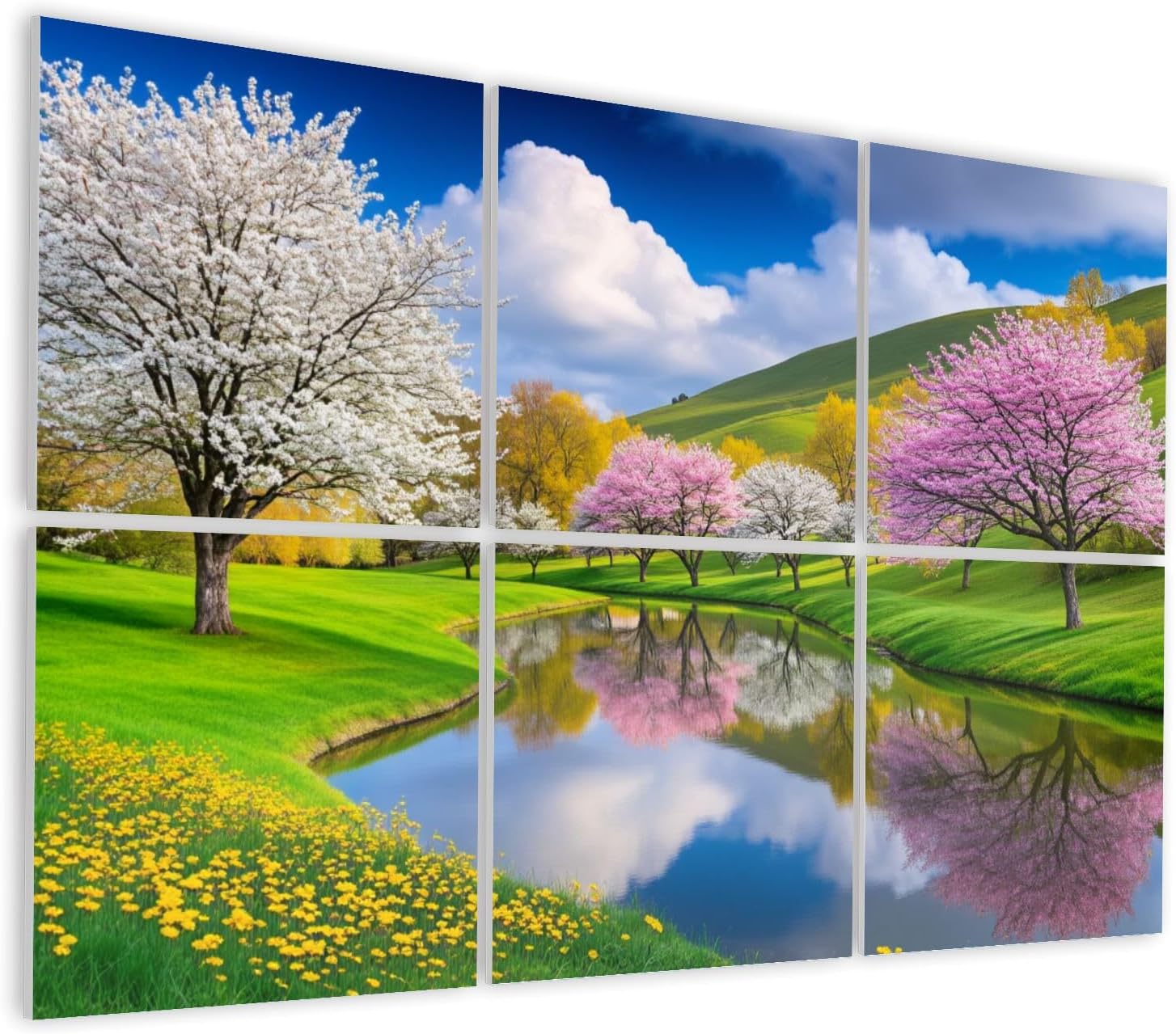 6 Pack Art Acoustic Panels Self Adhesive Blooming Spring Landscape Cherry Blossoms Reflections Calm Stream Decorative Soundproof Wall Panels Sound Absorbing Panel 48