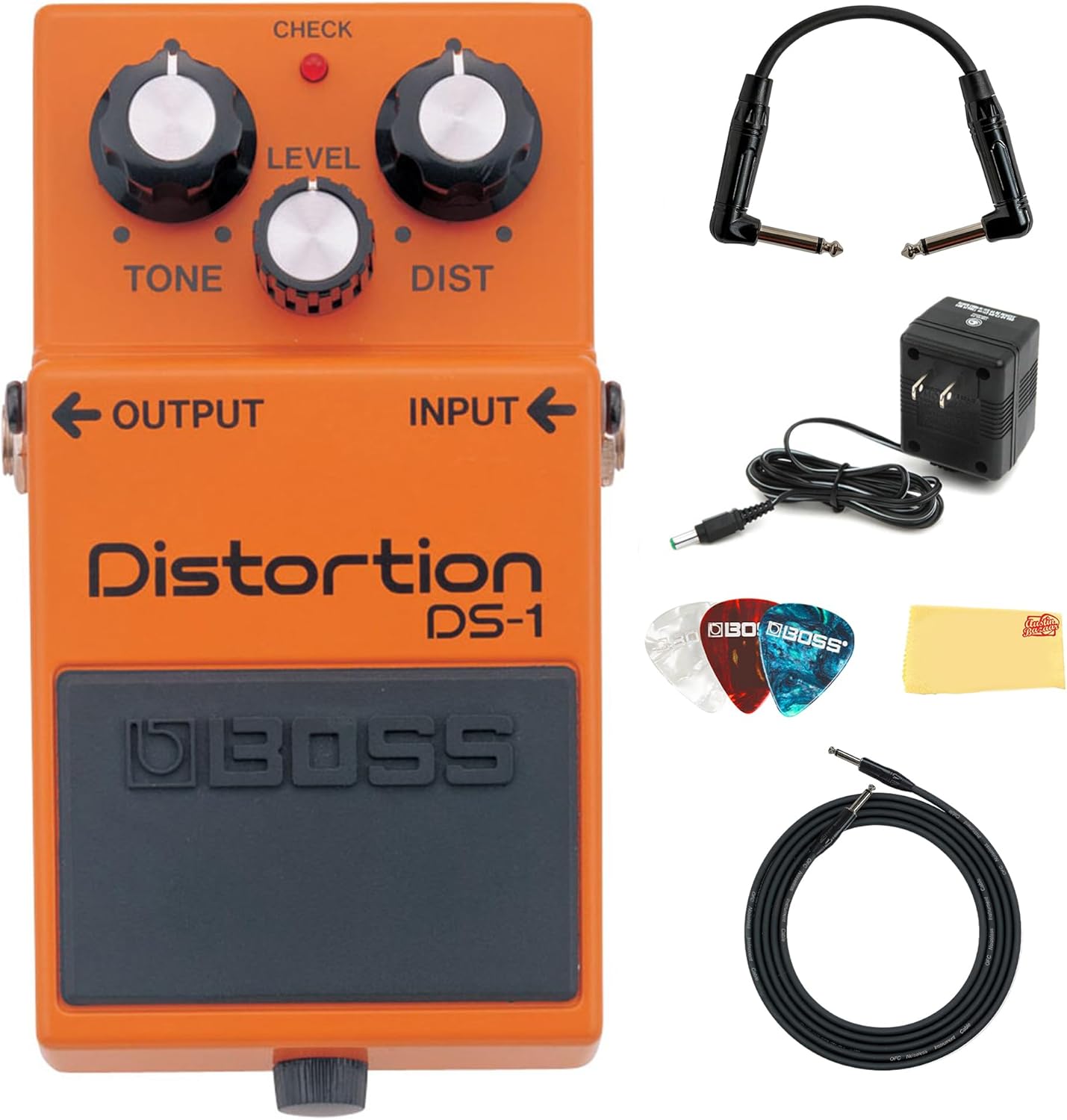 Boss DS-1 Distortion Bundle with Gearlux Power Supply, Instrument Cable, Patch Cable, Picks, and Austin Bazaar Polishing Cloth