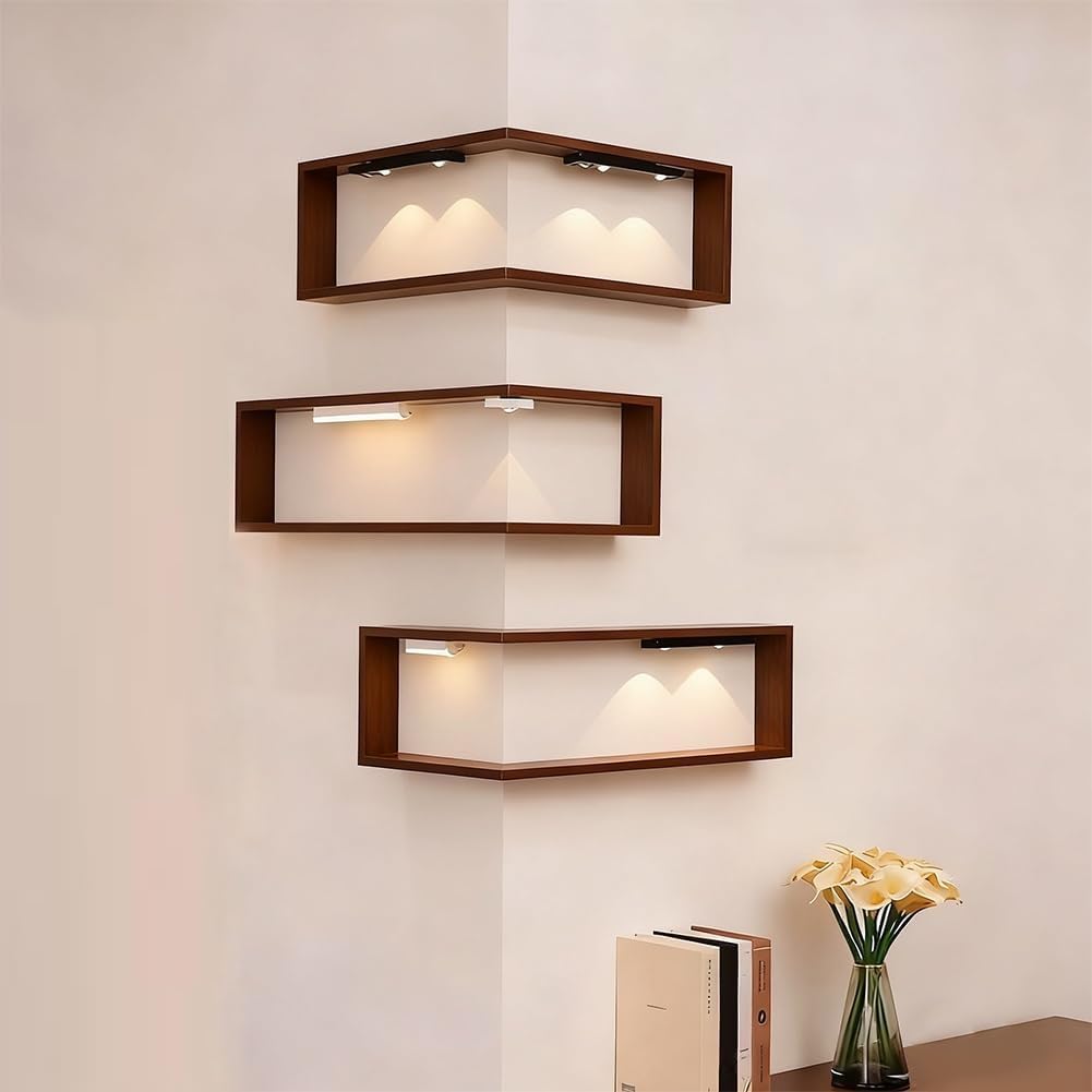 Smart Corner Shelves Light Up, Illuminated Corner Shelf with Remote, Wooden Wall-Mounted Corner Shelf Display Rack, Modern Wall-Mounted Display Rack Stand for Living Room, Study (Set-2)
