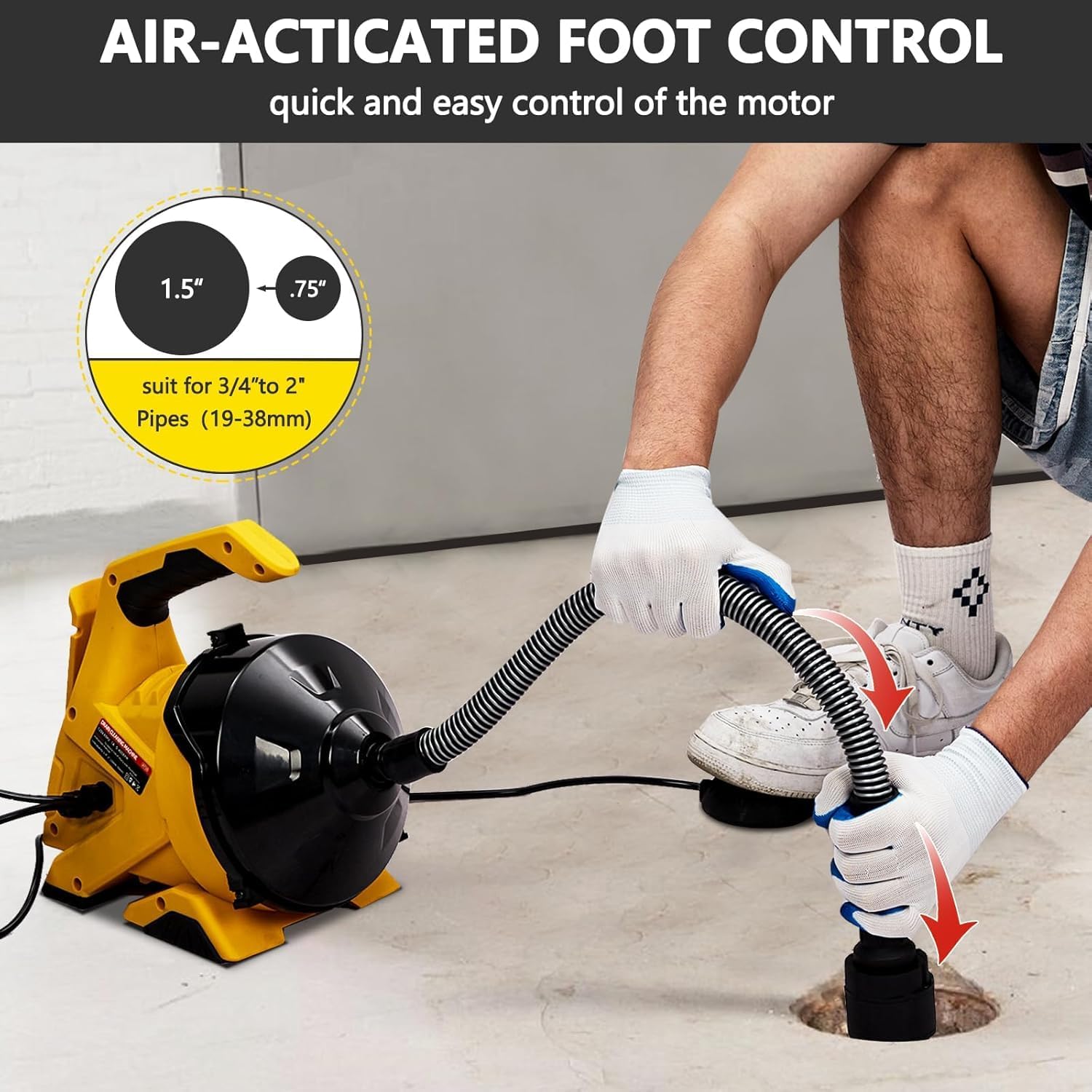 Electric Drain Cleaner Machine 30Ft - Auto-feed with foot switch and directional rocker, efficient for 3/4-2in pipes, 30ft anti-twist piano wire cable, lightweight closed drum, dual hoses