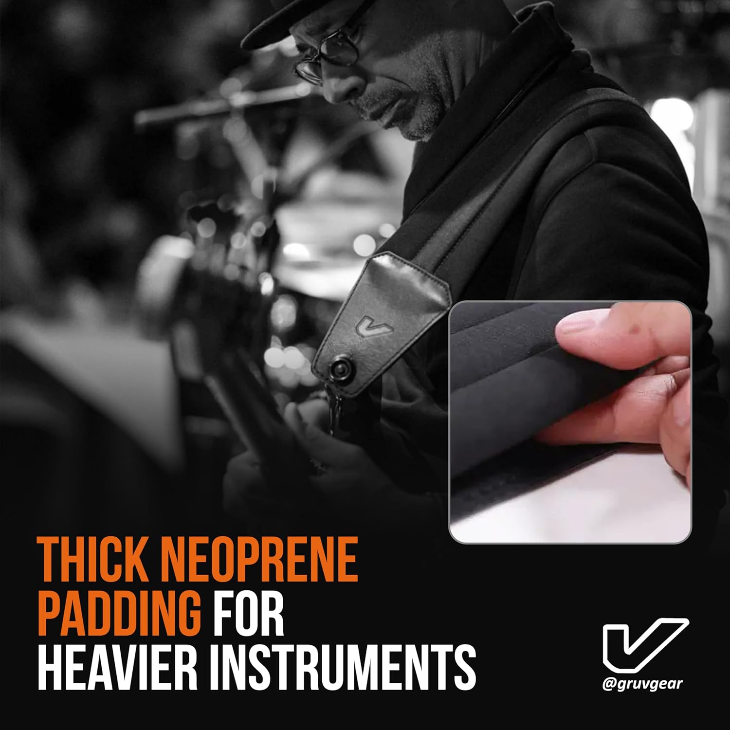 Gruv Gear SoloStrap Neo Padded Faux Leather Guitar Strap with Adjustable Slide Lock System, Thick Neoprene Padding for Heavier Instruments, Comfortable Guitar Belt Anti Bounce Design - Black, 2.5