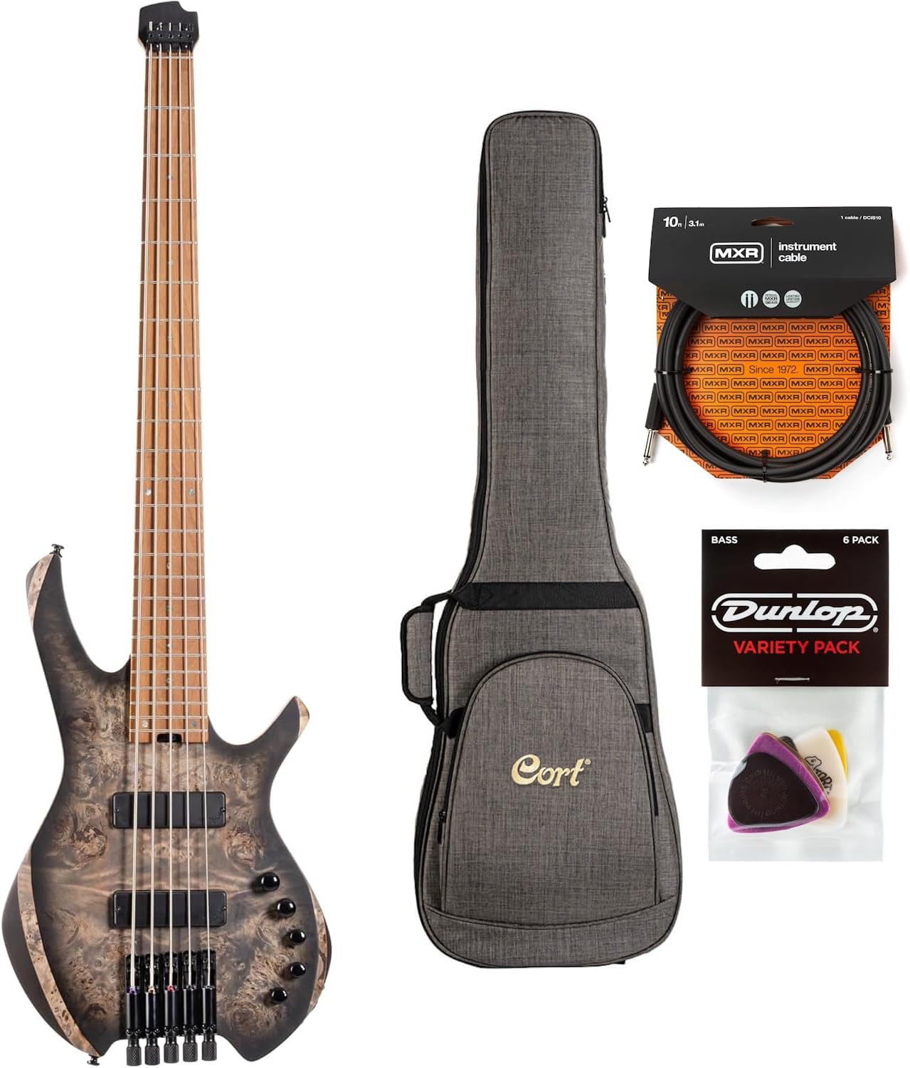 Cort Space 5 Headless 5-String Electric Bass Guitar Bundle with Gig Bag, MXR Instrument Cable and Dunlop Pick Pack (Star Dust Black)