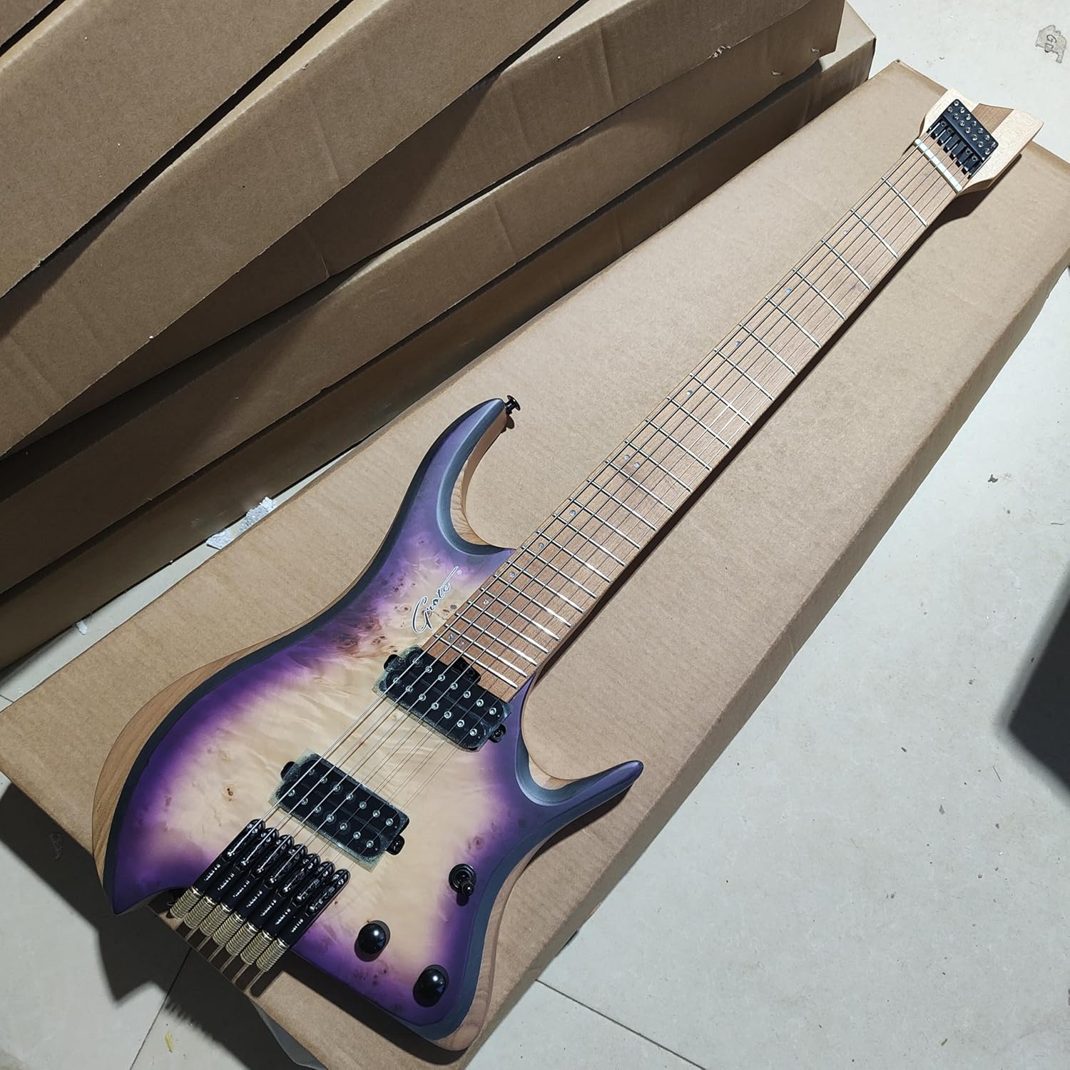 7-String Headless Electric Guitar, Purple and White Burst Finish, HH Pickups