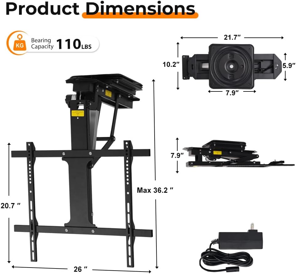 OUTFINE Electric Flip Down and Swiveling Ceiling TV Mount for 32–75 Inch Flat or Curved Screens, Motorized Fold Down Lift with Remote Control, 360°Manual Swivel and 0–80°Electric Tilt