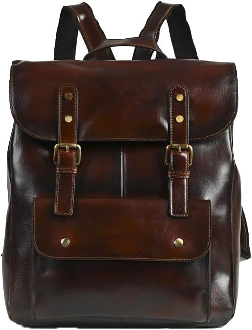 Retro Genuine Leather Shoulder Backpack Satchel Bag Unisex Large Capacity Wear-resistant Laptop Pack Gifts for Men (Coffee)