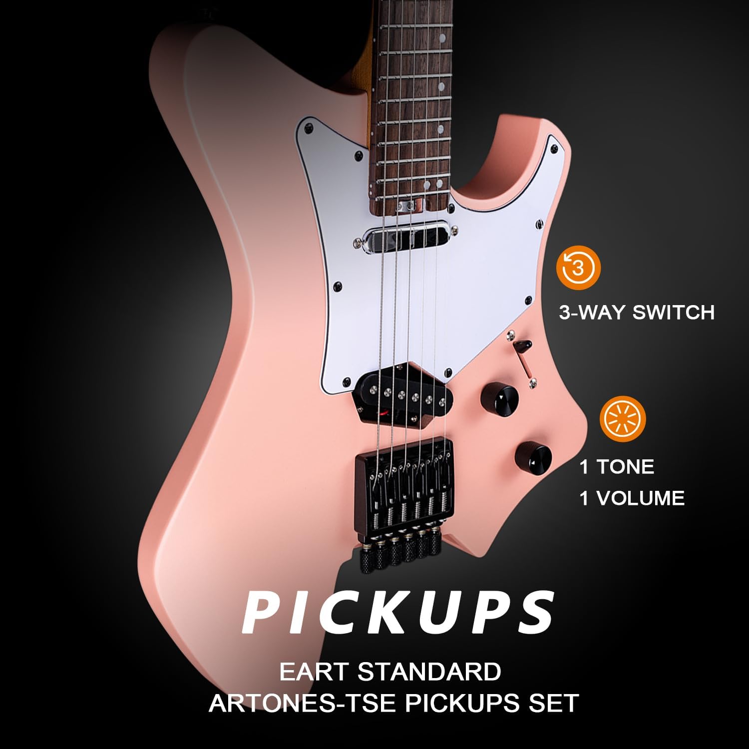 EART GW2TP-SE Lightweight Headless Electric Guitar, Solid Electric Guitar, Roasted Mahogany Body, Custom Artones-TSE pickups with Guard, Satin Finish