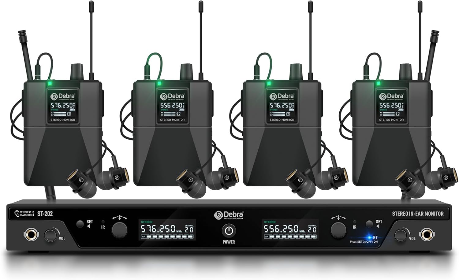 D Debra Audio PRO ST-202 UHF Stereo Wireless in Ear Monitor System, Dual Channel Wireless IEM with Monitoring Type for Stage, Receiver for Studio, Guitar, Band Performance (Dual Channel, 4 Bodypack)