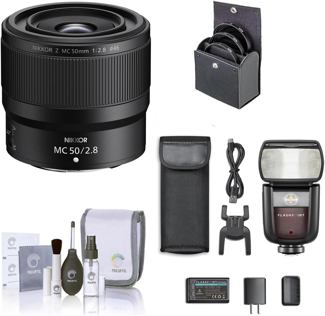 Nikon NIKKOR Z MC 50mm f/2.8 Lens, Bundle with Flashpoint Zoom Li-on III R2 TTL Speedlight Flash, Bower 3-Piece 46mm Filter Kit, Cleaning Kit