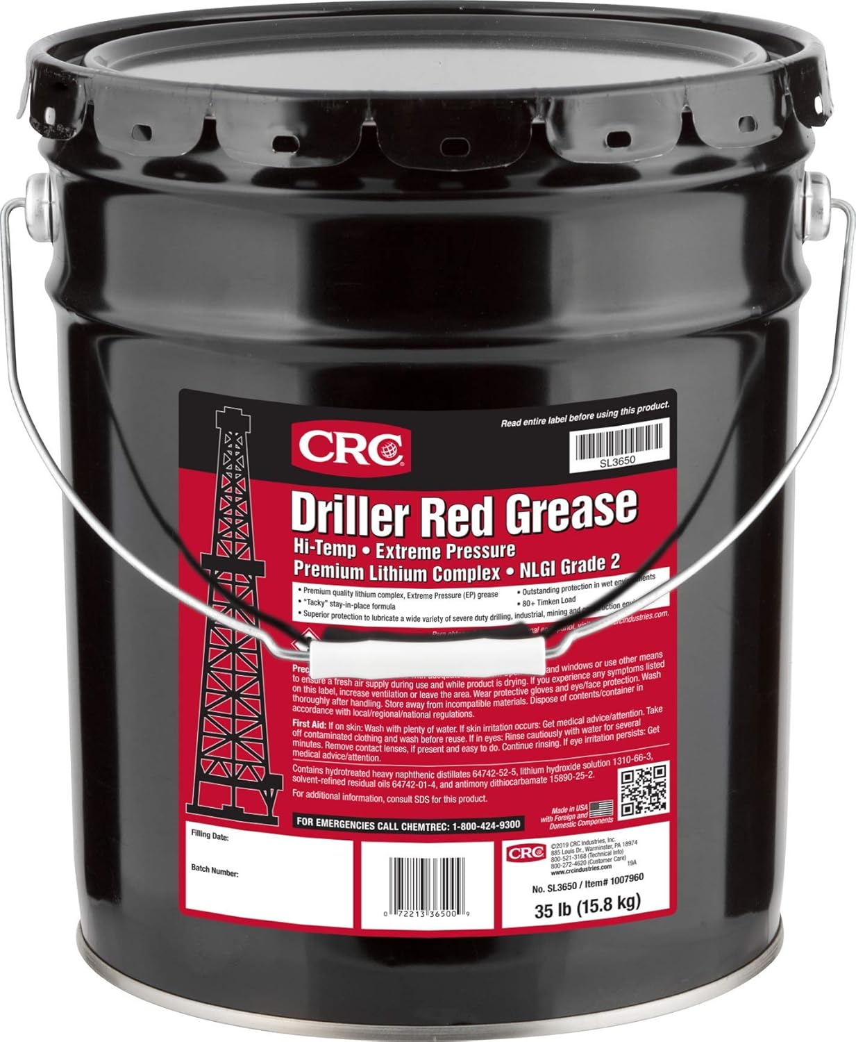 CRC Driller Red Grease Extreme Pressure Lithium Complex Grease, 35 Lbs, SL3650