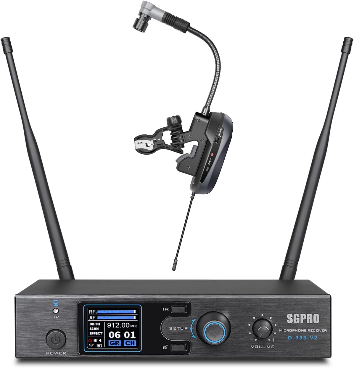 Saxophone Wireless Microphone Professional Gooseneck Clip-on Mic with Preset EQ & ECHOs, 262 Ft Transmission and Rechargeable Transmitter, for Soprano, Tenor, Alto, and Baritone Saxophone