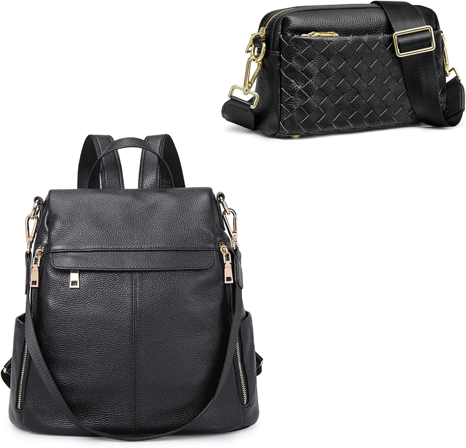 Kattee Genuine Leather Backpack Purse Bundle with Women Small Woven Crossbody Bags