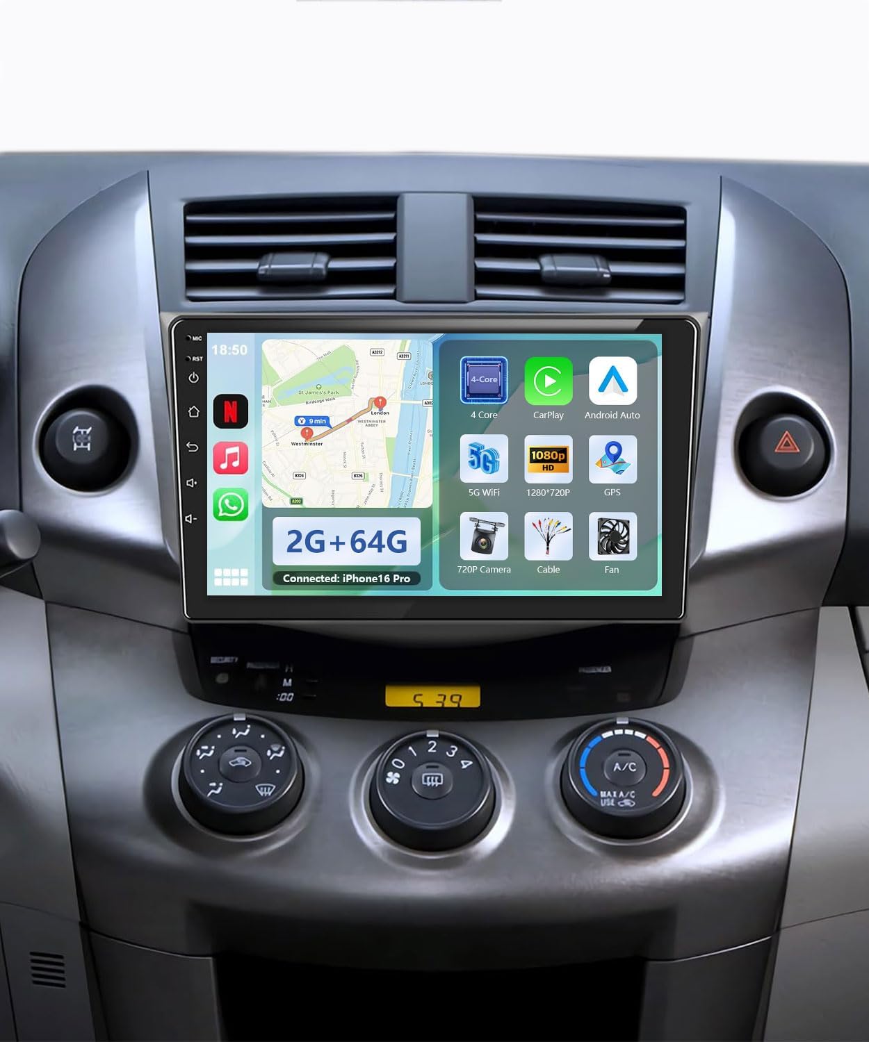 Plug & Play 2G+64G Car Radio Stereo for Toyota RAV4 2007-2012, Wireless Carplay&Android Auto with Support Bluetooth/Voice Control/GPS/WiFi/Back-up Camera/SWC/FM, 9 Inch IPS Touch Screen