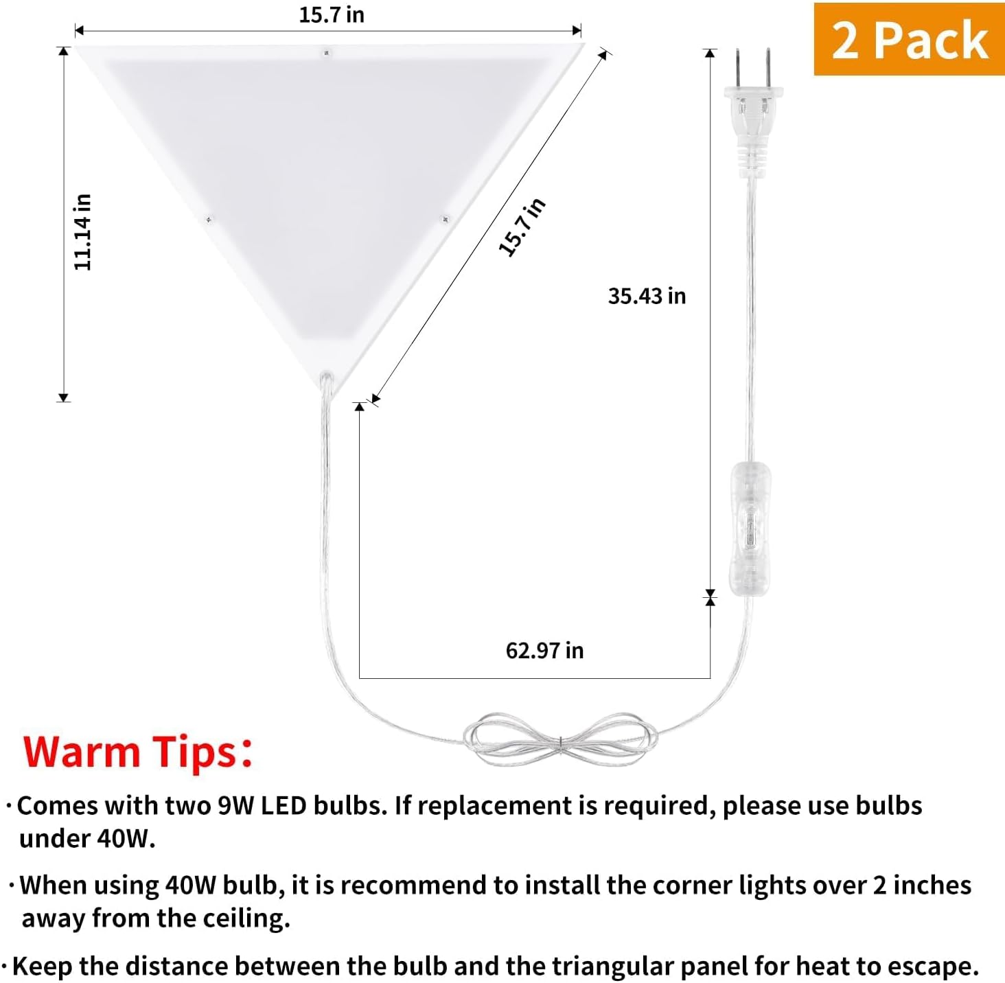 2 Pack Corner Light with 9W LED Bulb and Remote, 3 Color Temperature Corner Lamp, Dimmable Plug in Pendant Light with Acrylic Shade, Plug in Ceiling Light for Living Room, Bedroom