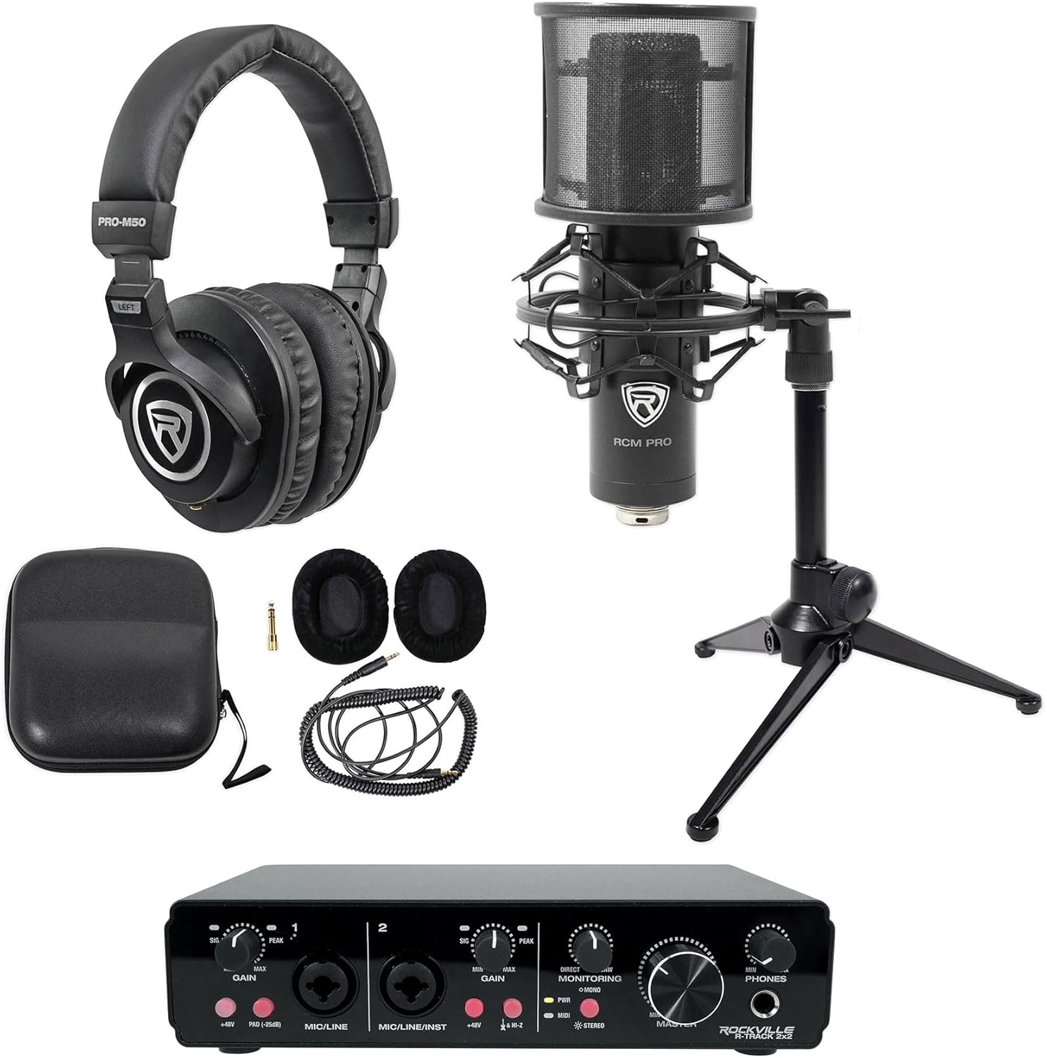 Rockville Podcasting Bundle: R-TRACK 2x2 USB Interface 24 Bit 192kHz, RCM02 Condenser Mic Metal Shock Mount, PRO-M50 Headphones, RDTS Adjustable Tripod Stand, for 1-Person Podcast, 4-items