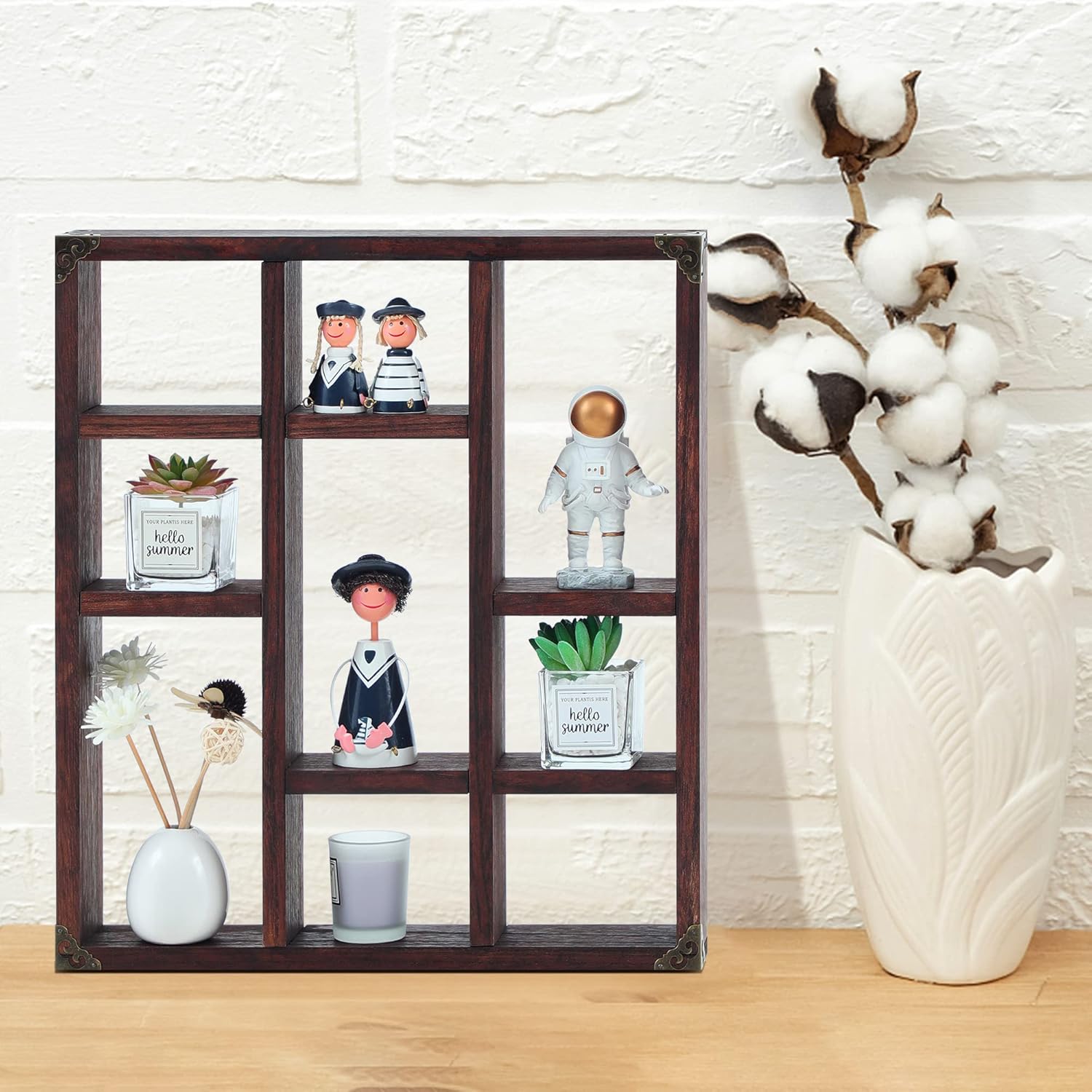 FIRMINANA Rustic Shadow Box Shelf,17.7x15.7-Inch Wall-Mounted (Vertical or Horizontal),9-Slot Rustic Wood Floating Shelves,Lightweight Solid Wood Display Shelf for Shot Glass (Walnut)