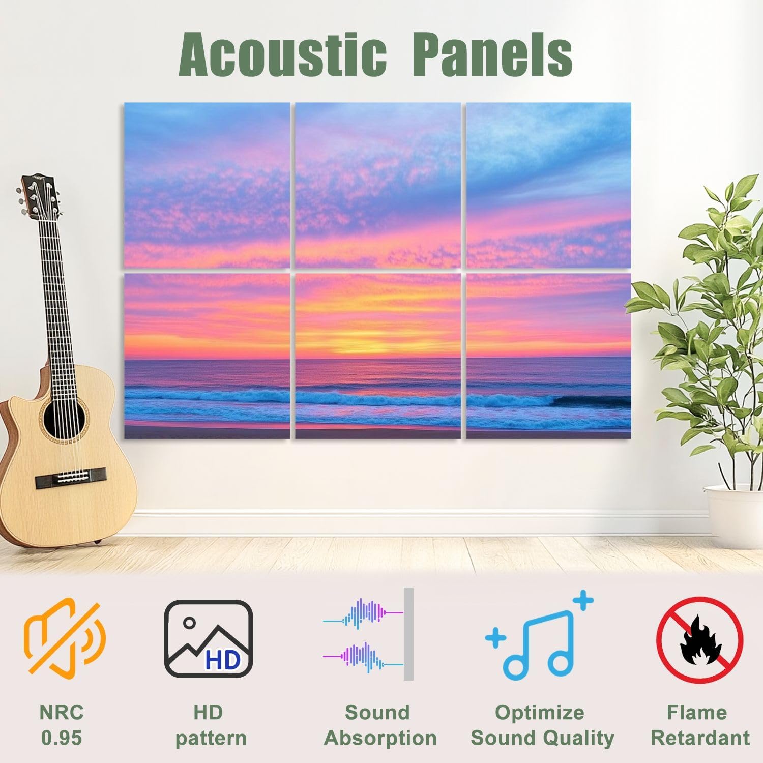 6 Pack Art Acoustic Panels Sound Absorbing Evening Sky Dramatic Clouds Sea Nature Pictures Sunset Ocean Waves Decorative Soundproof Wall Panels Self Adhesive for Recording Studios Office 72