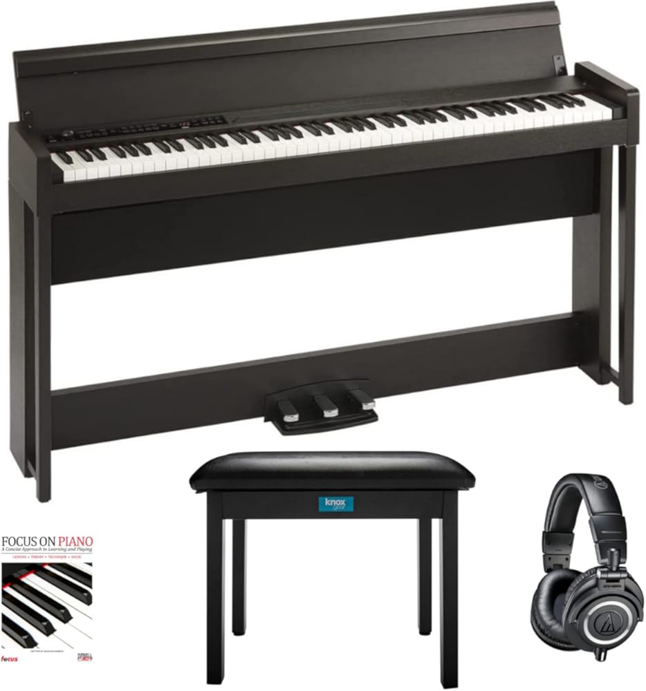 Korg C1 88-Key Digital Piano (Rosewood Brown) Bundle with ATH-M50X Professional Studio Headphones, Flip-Top Bench, and Book (4 Items)