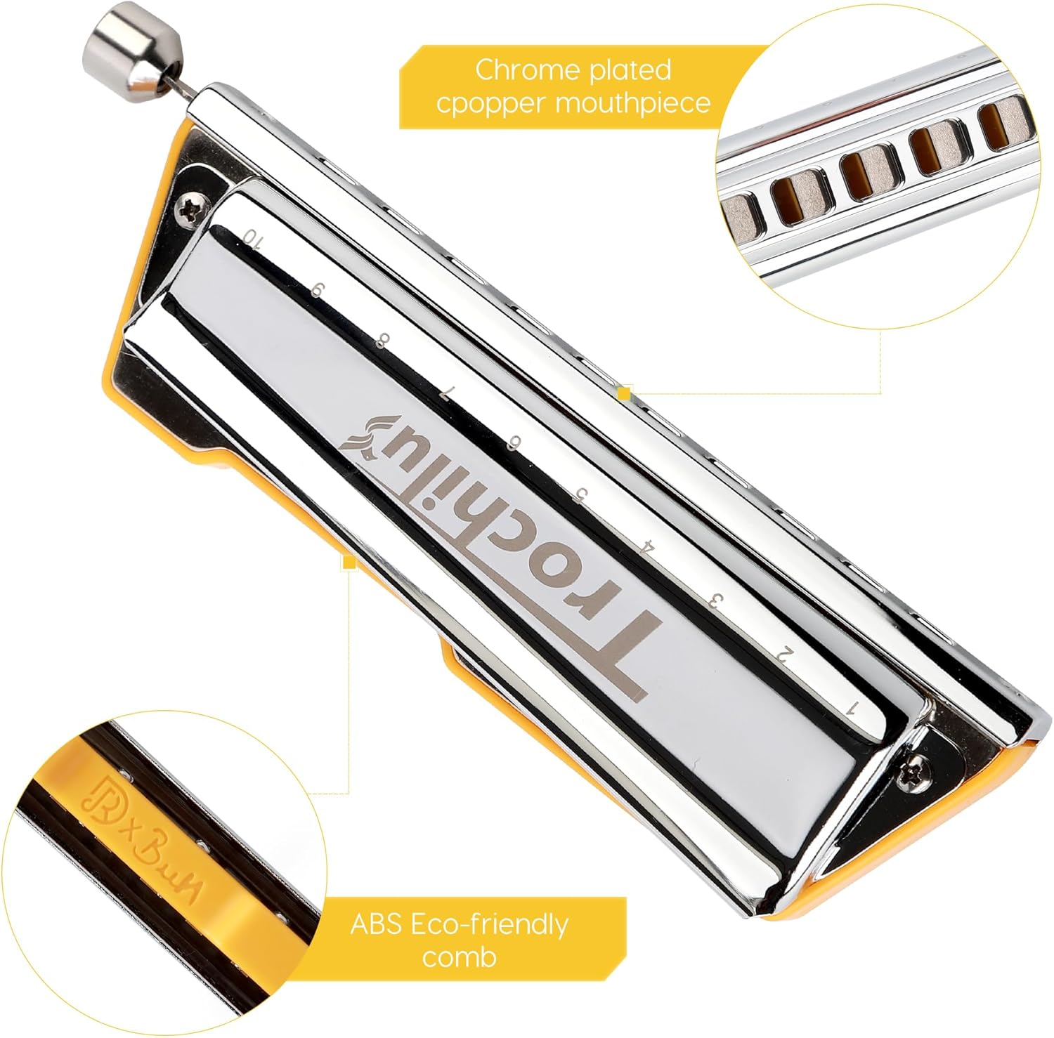 JDR Trochilus 10 Holes Chromatic Harmonica Solo Tuning Key of G Valveless Harp Chromonica with Case for Adults Professionals Beginners Kids Teachers and Students Gift (Chromatic Tuning Key of G)