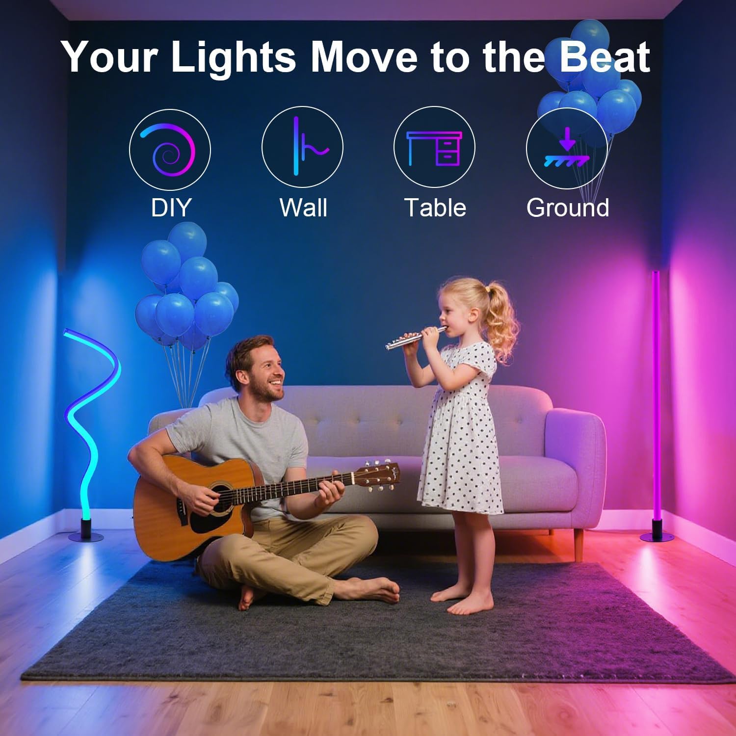 Corner Floor Lamp 2PCS, 1300Lumen Modern LED lights with Music Sync and 16 Million Colors Foldable, Timer Setting, DIY Shape Light with APP & Remote Control and bendable for Living Room,Bedroom,Room