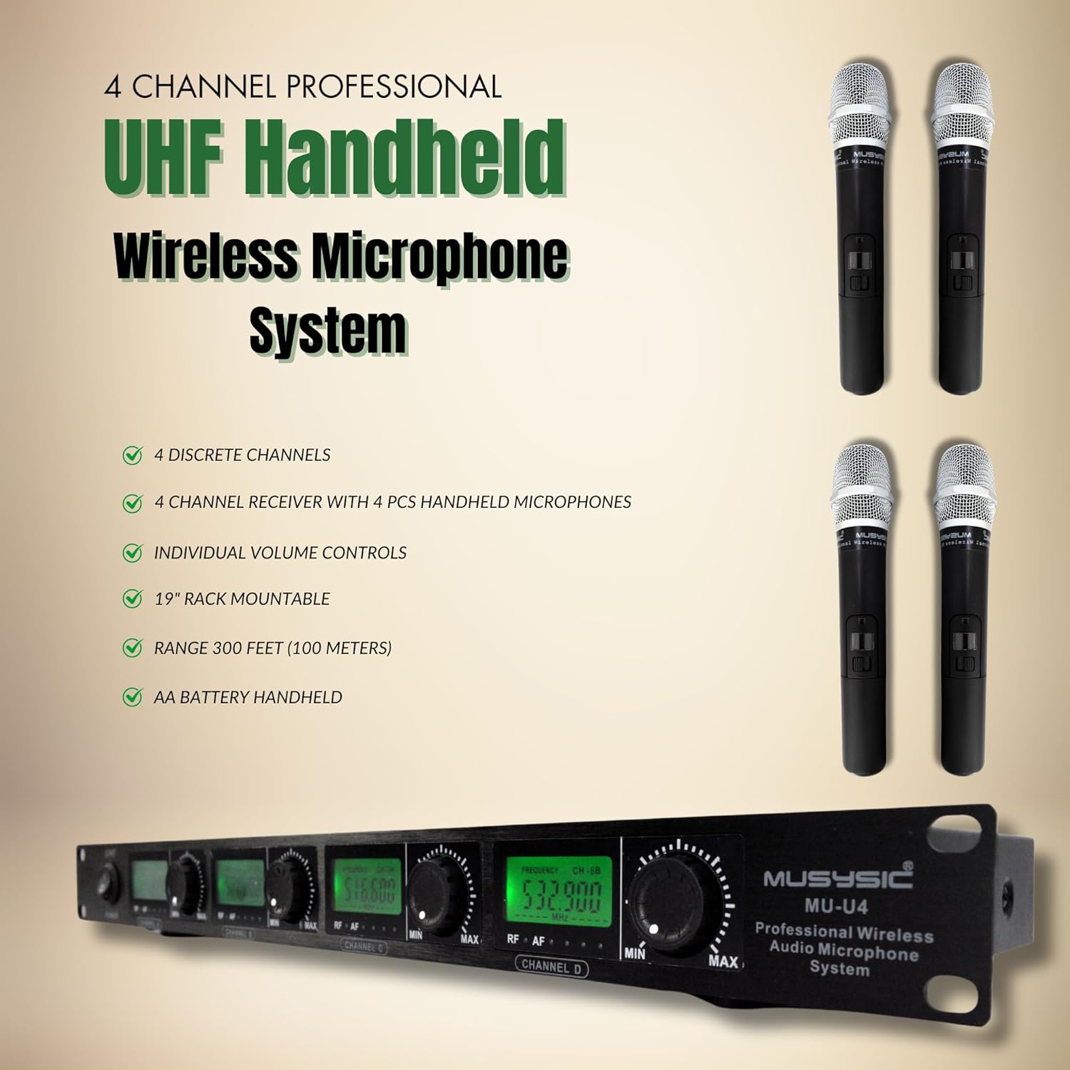 MUSYSIC 4-Channel Professional Wireless UHF Microphone System, 300ft Range Fixed Frequency Dynamic Handheld Microphones for Singing, Karaoke, Church, DJ