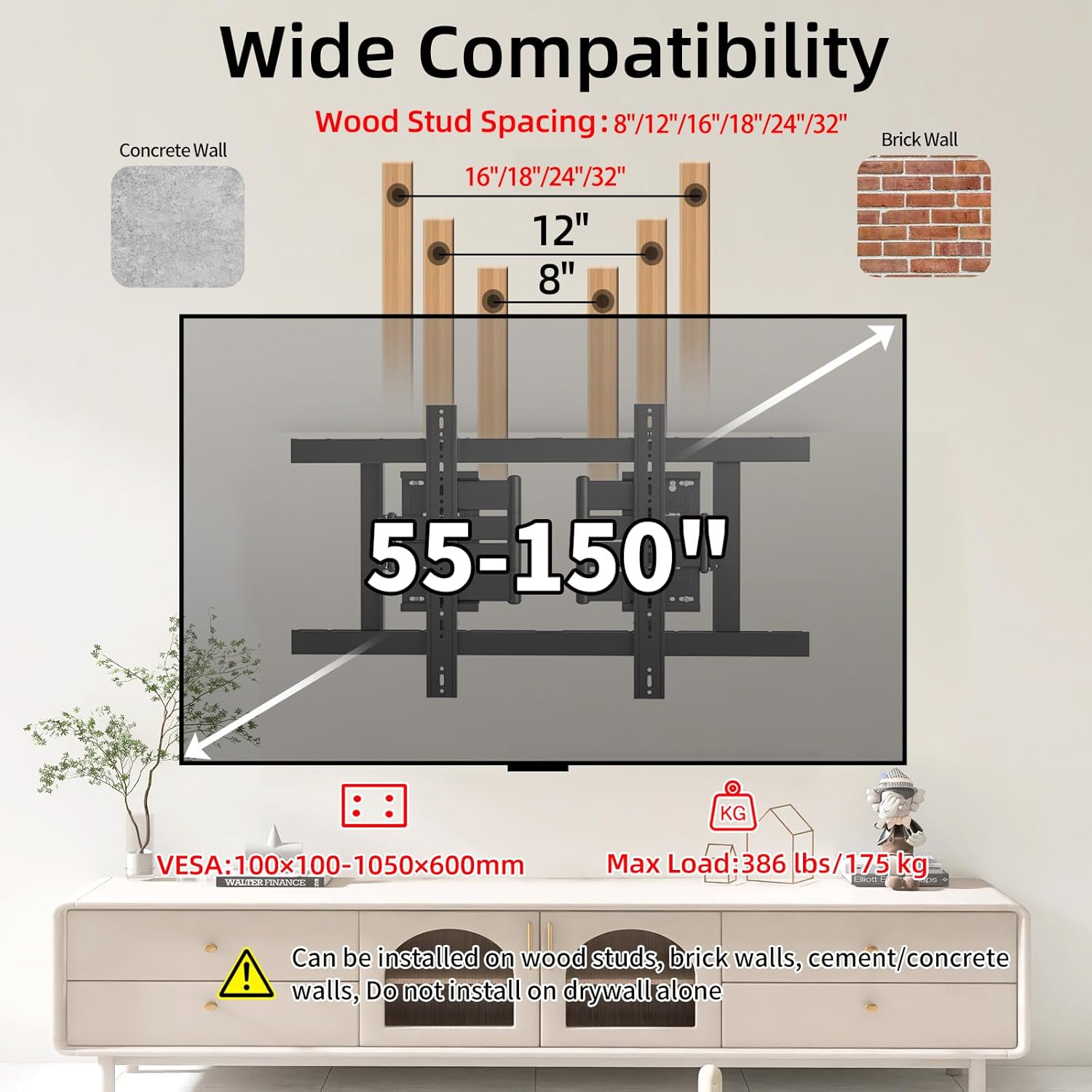 TV Wall Mount for 140 130 120 110 105 100 98 90 86 85 inch TVs, Full Motion Corner TV Bracket for 55-150 inch LCD/LED/OLED Screen Hold up to 386 lbs, Max VESA 1050x600mm,Black,DY1062