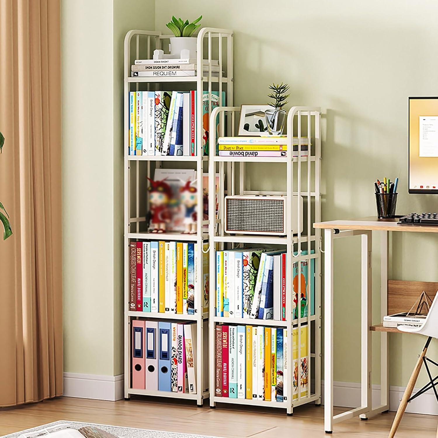 Vertical Bookshelf Tower, Modern Open Metal Bookcase, Corner Standing Shelf, Multipurpose Display Storage Rack, Adjustable Foot Pads, for Living Room, Home, Office(116cm/45.7in)