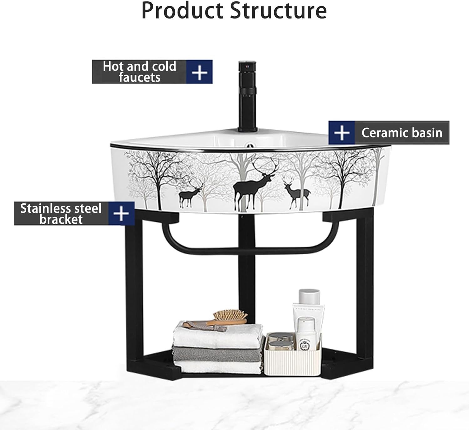 Wall Mount Corner Ceramic Sink Corner Bathroom Vanity Bathroom Sinks with Storage Container Modern Bathroom Storage Cabinet for Small Space Bathroom Cabinet with Faucet and Drain(B)