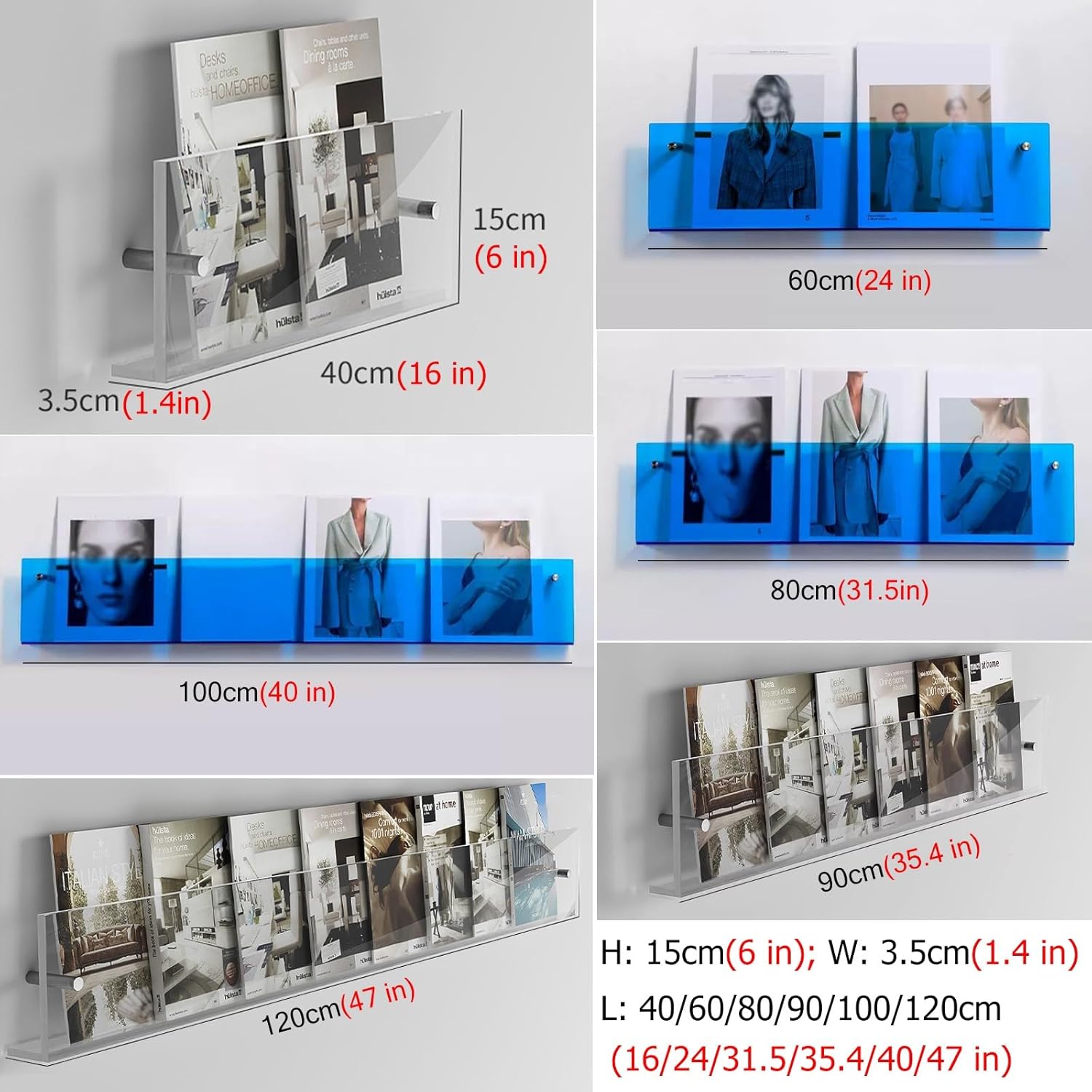 Acrylic Brochure Holder Wall Mount Children Bookcase Rack Wall for Bedroom/ Nursery/ Playroom, Blue Clear Acrylic Magazine Holder for Living Room, Bathroom and Corner, 8.5 X 11 Large Brochure Holder(C