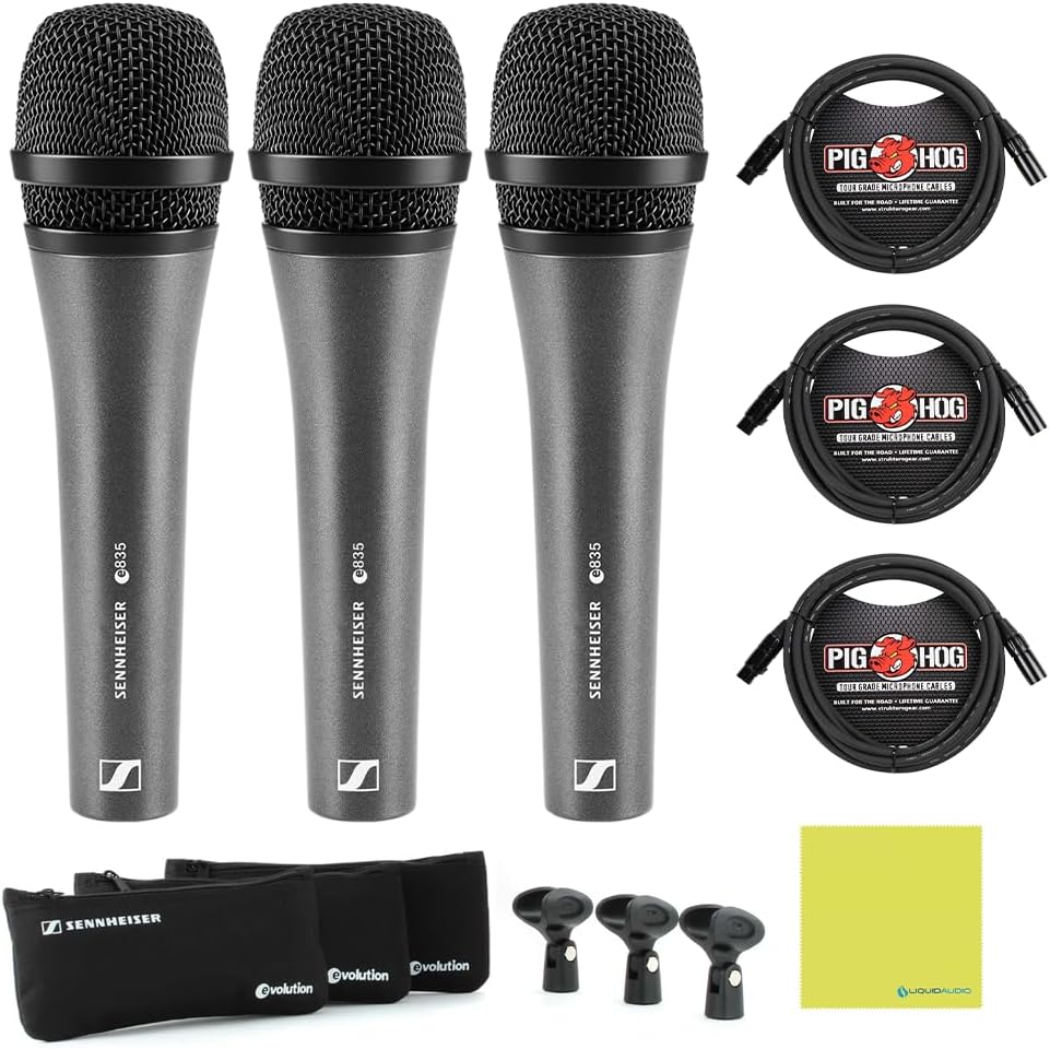 3-Pack E835 Dynamic Cardioid Microphone, Black Bundle w/ 3-Pack Pig Hog PHM10 8mm Mic XLR Cable and Liquid Audio Polishing Cloth