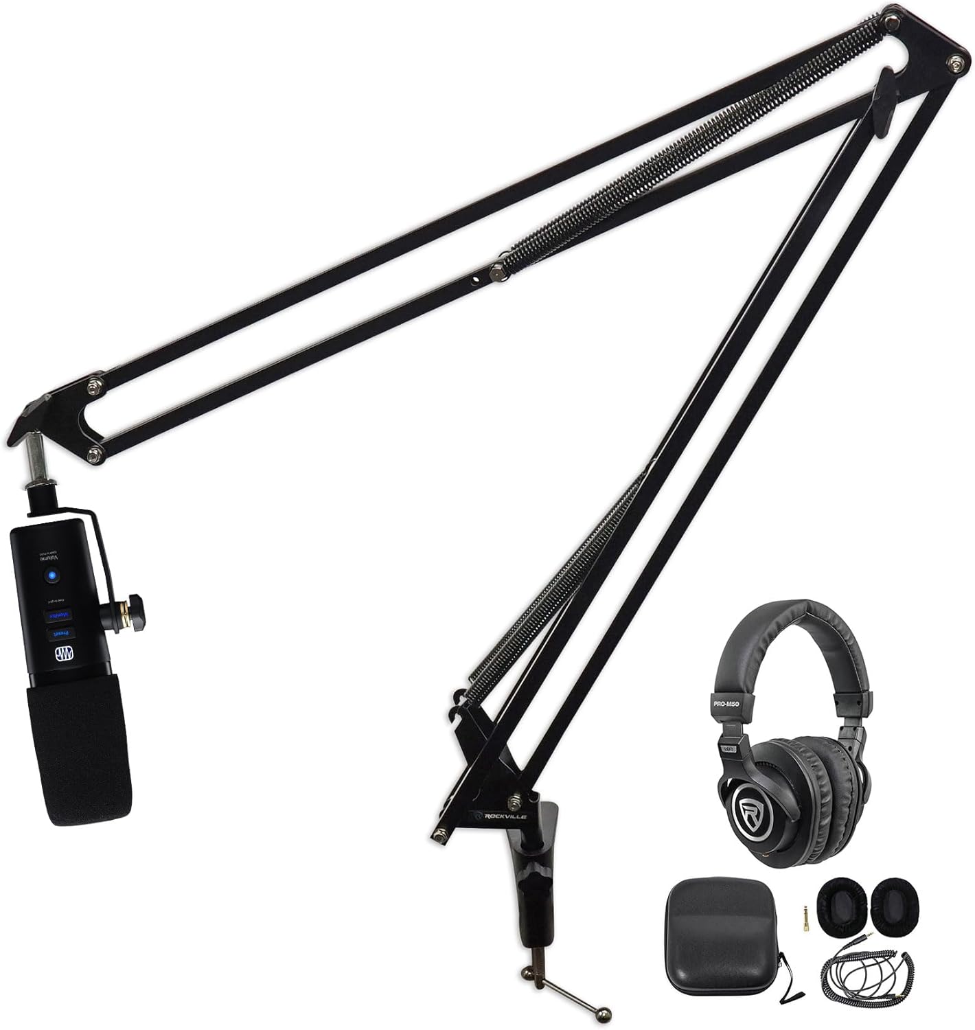 Audiosavings Bundle: Presonus Revelator USB-C Microphone for Recording/Streaming Bundle with Rockville PRO-M50 Headphones + Rockville DMS40 Microphone Boom Arm Studio Podcast USB Mic Stand (3 Items)