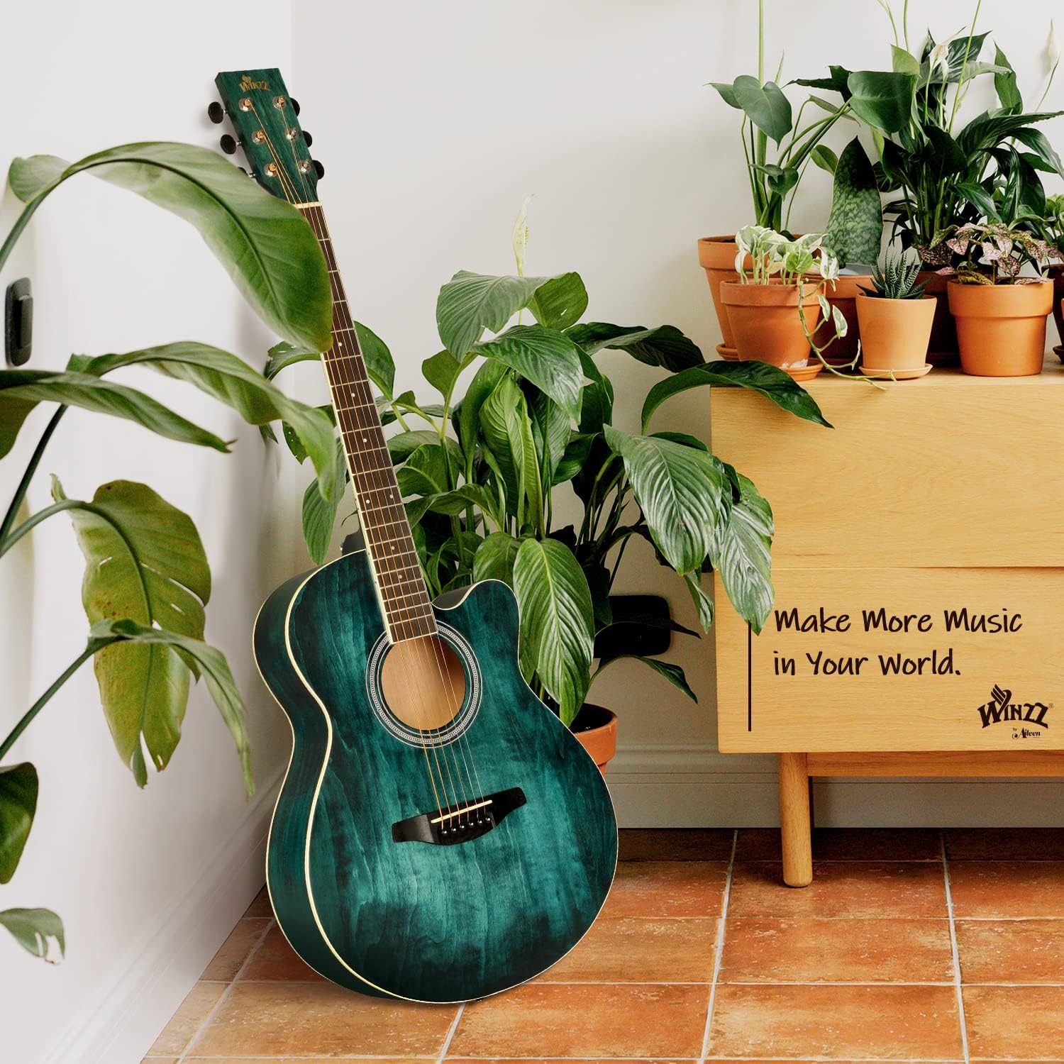 Winzz 40 Inches Acoustic Steel-string Guitar Beginner, Elegant Unique Color Design (Blue-green)