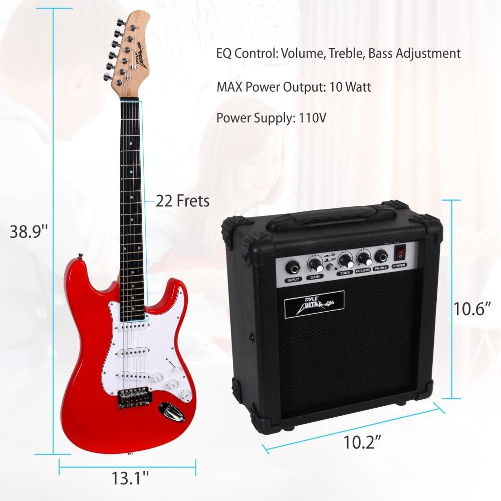 PylePro Full Size Electric Guitar Package w/ Amp, Guitar Bundle, Case & Accessories, Electric Guitar Bundle, Beginner Starter Package, Strap, Tuner, Pick, Ready to Use Out of the Box, Red (PEGKT15R)