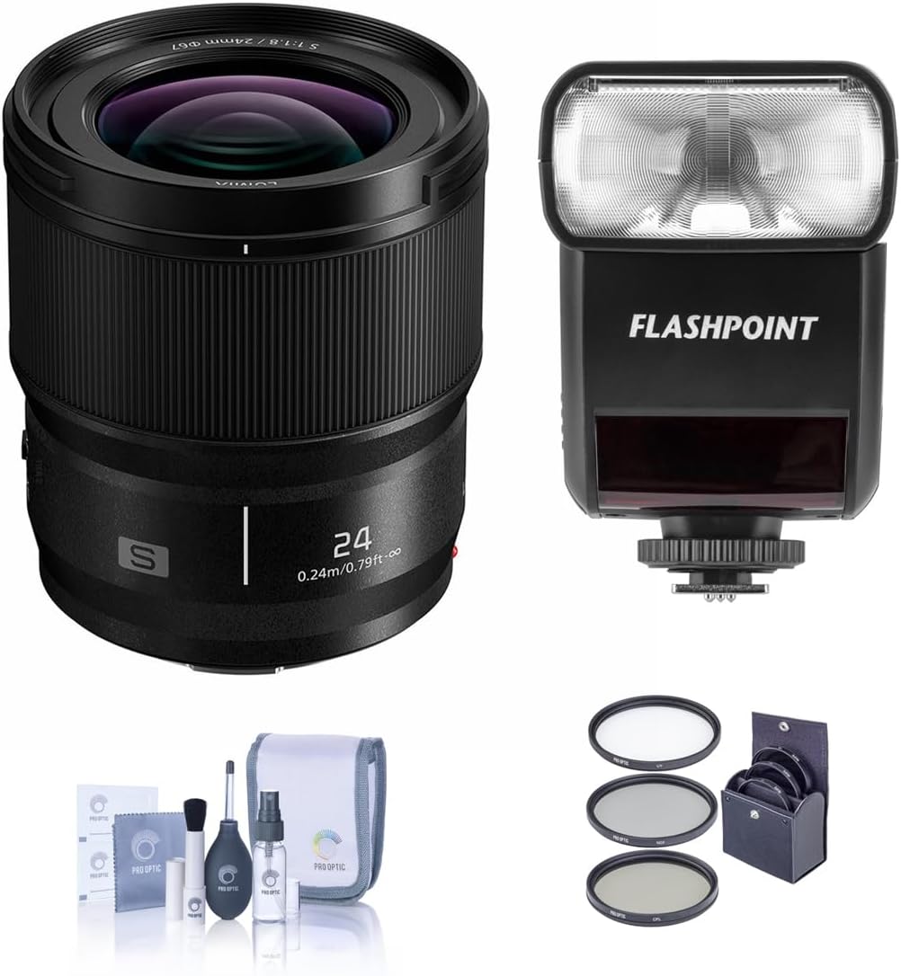 Panasonic LUMIX S 24mm f/1.8 Lens for L Mount, Bundle with Flashpoint Zoom-Mini TTL R2 Flash, 67mm Filter Kit, Cleaning Kit