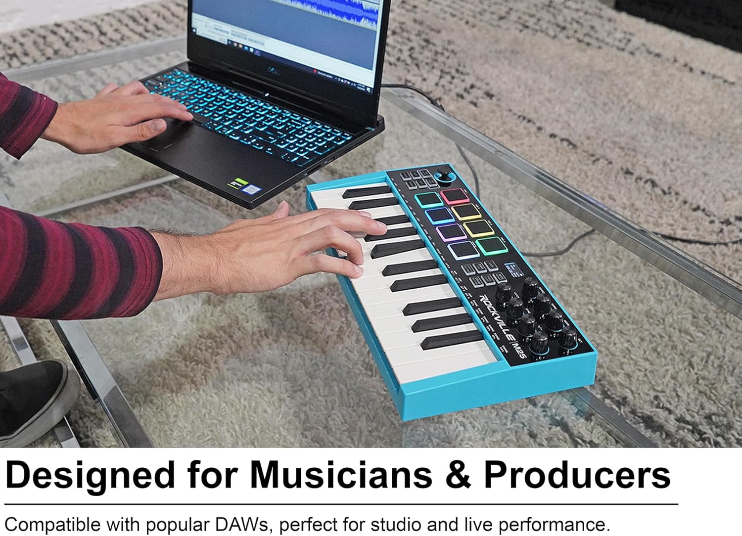 Audisavings Bundle: Rockville M25 25 Key USB Wireless MIDI Keyboard Controller With Bluetooth+8 Pads Bundle with Rockville RCM PRO Studio/Recording Condenser Microphone (2 Items)