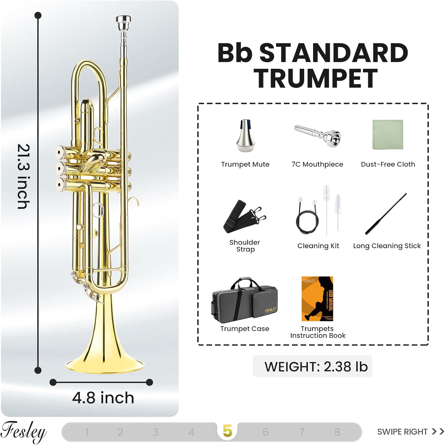Fesley Bb Standard Trumpet Set: Brass Trumpets for Beginner Student, Brass Trumpet Instrument with 7C Mouthpiece, Hard Case, Cleaning Kit (Golden)