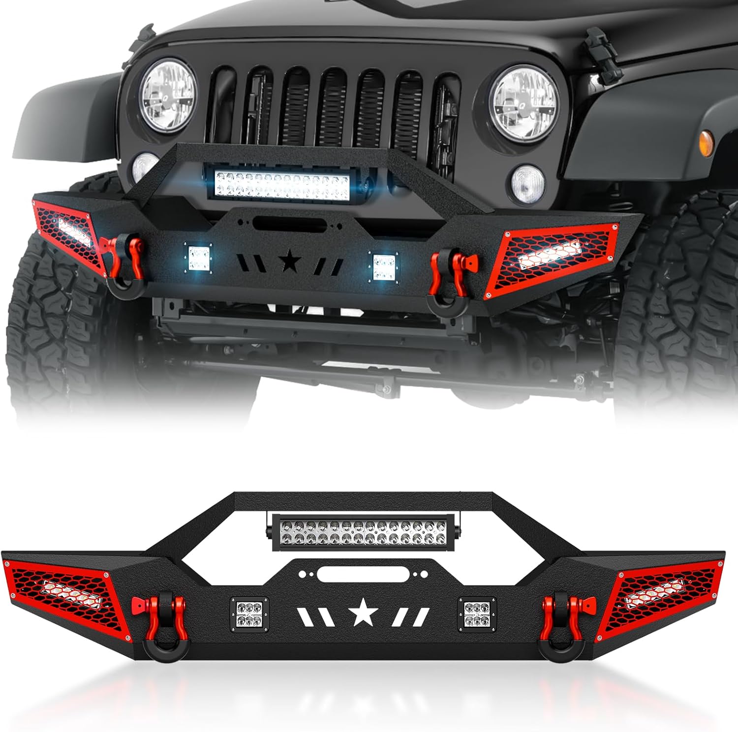 for Wrangler JK JL & Gladiator JT Front Bumper Compatible with 2007-2026 Jeep Wrangler JK JL JKU JLU Unlimited & Gladiator JT 2/4 Doors with Winch Plate, 5 x LED Lights, Paintable Armor, D-rings